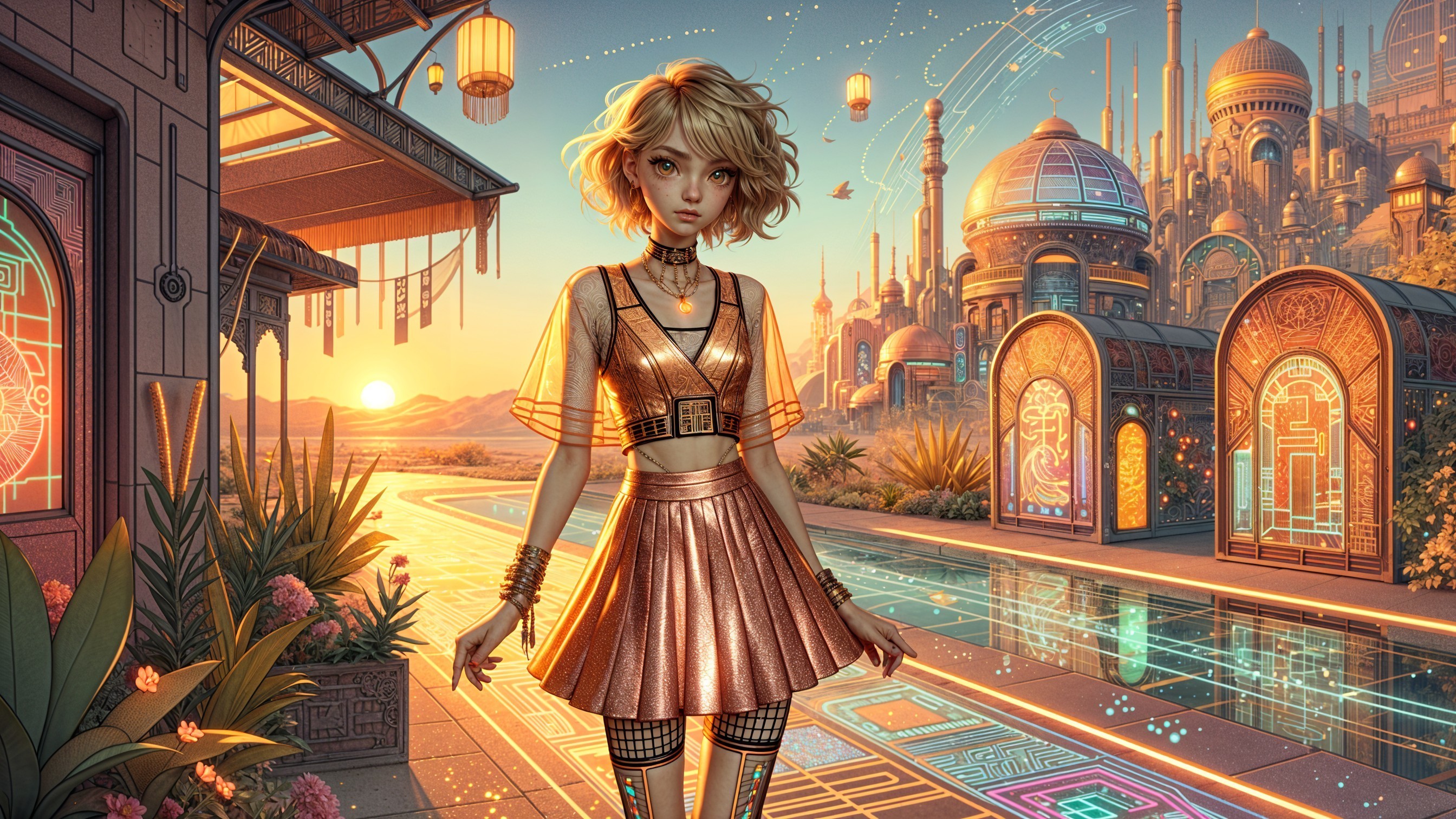 Futuristic City Scene with Stylish Young Woman