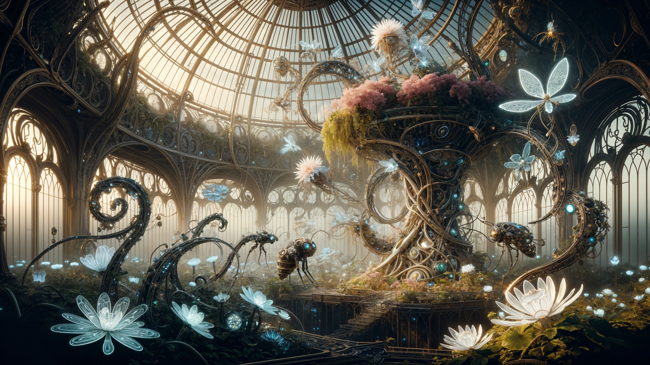 Fantastical Greenhouse with Luminescent Flora and Vines