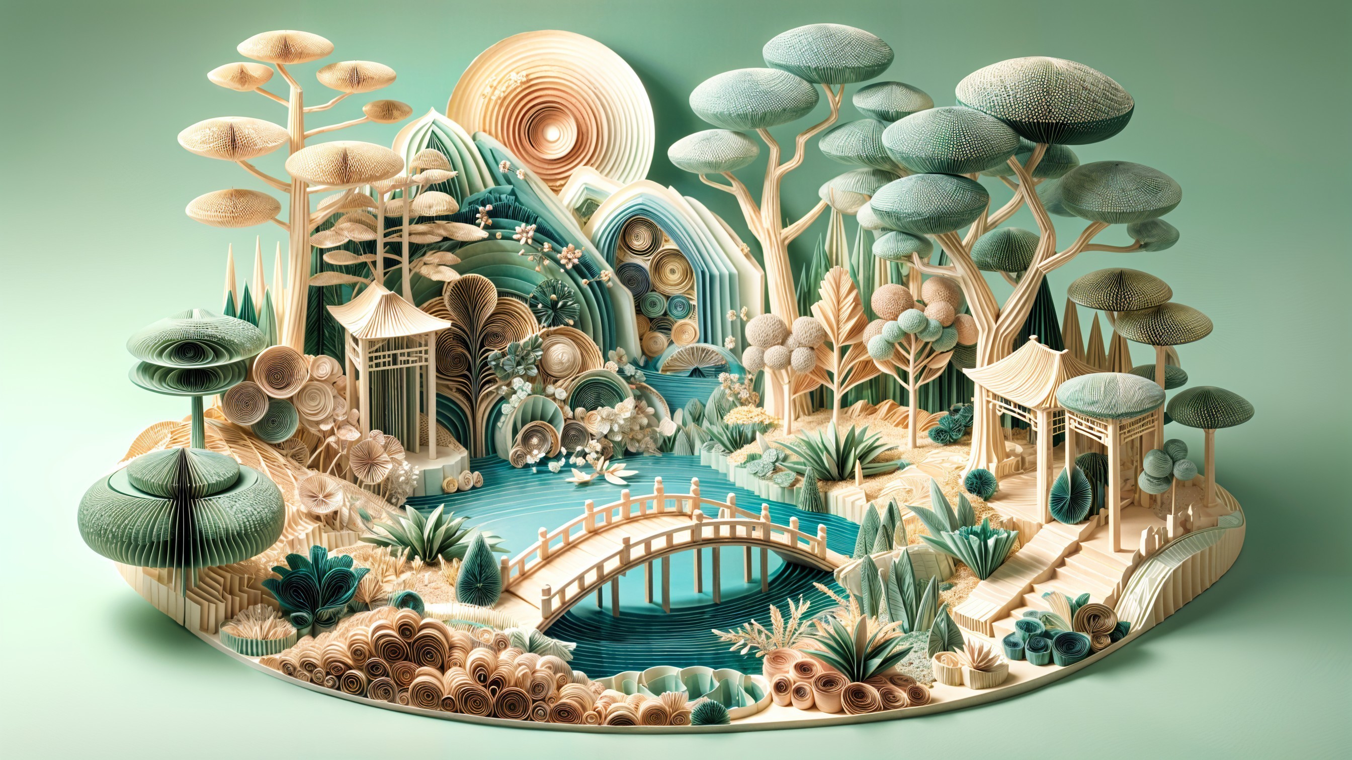 Serene Paper Art Landscape with Pond and Pagodas
