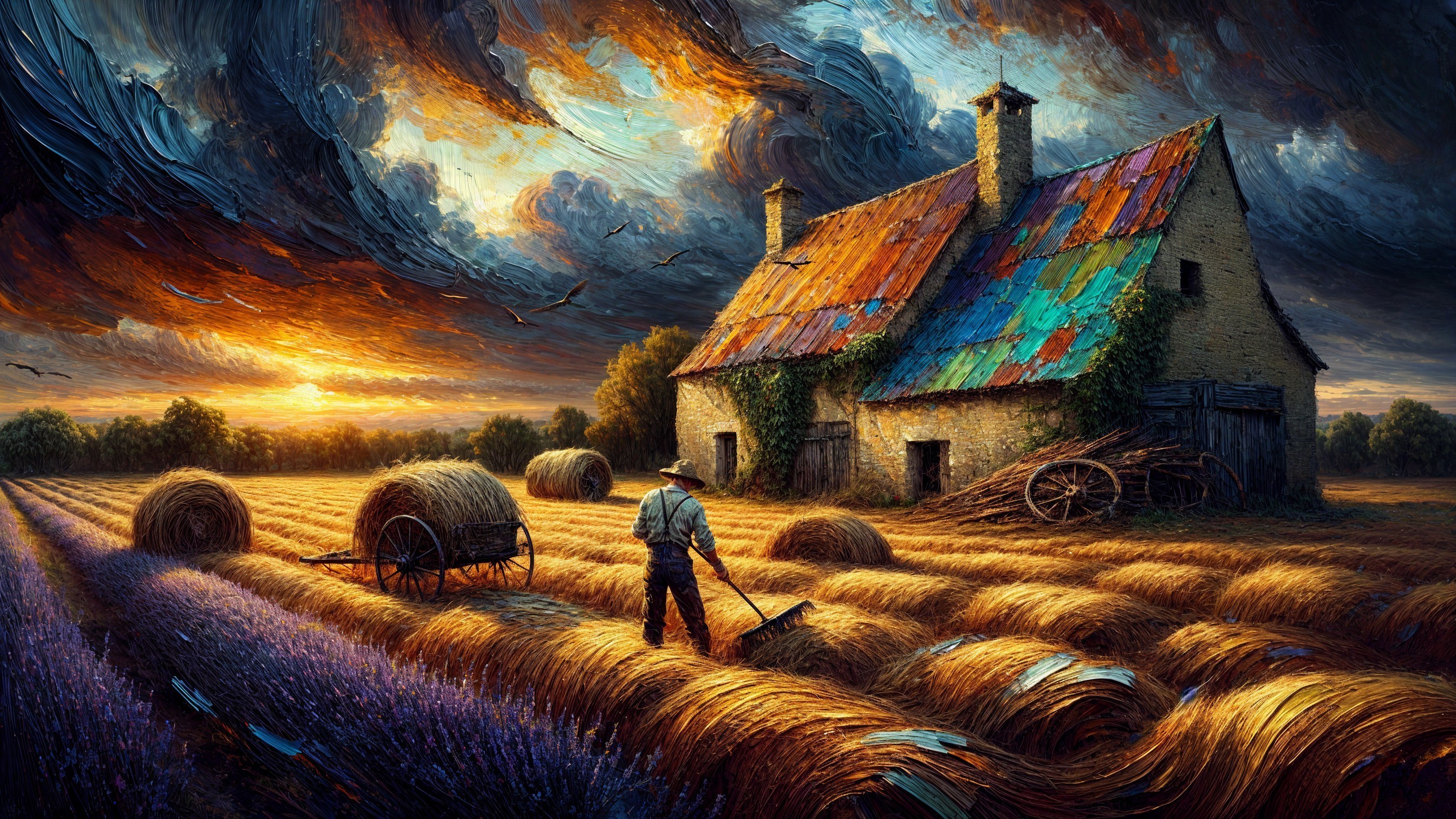 Serene Sunset Over Wheat Fields and Farmhouse