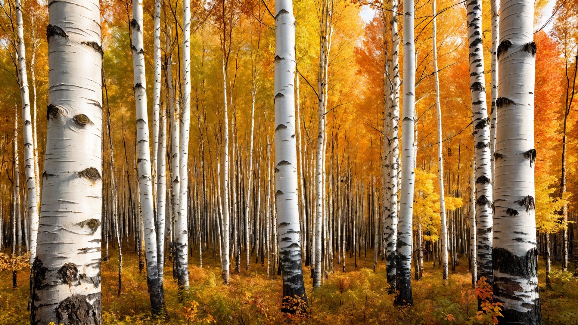 Serene forest scene with white birch trees and autumn colors