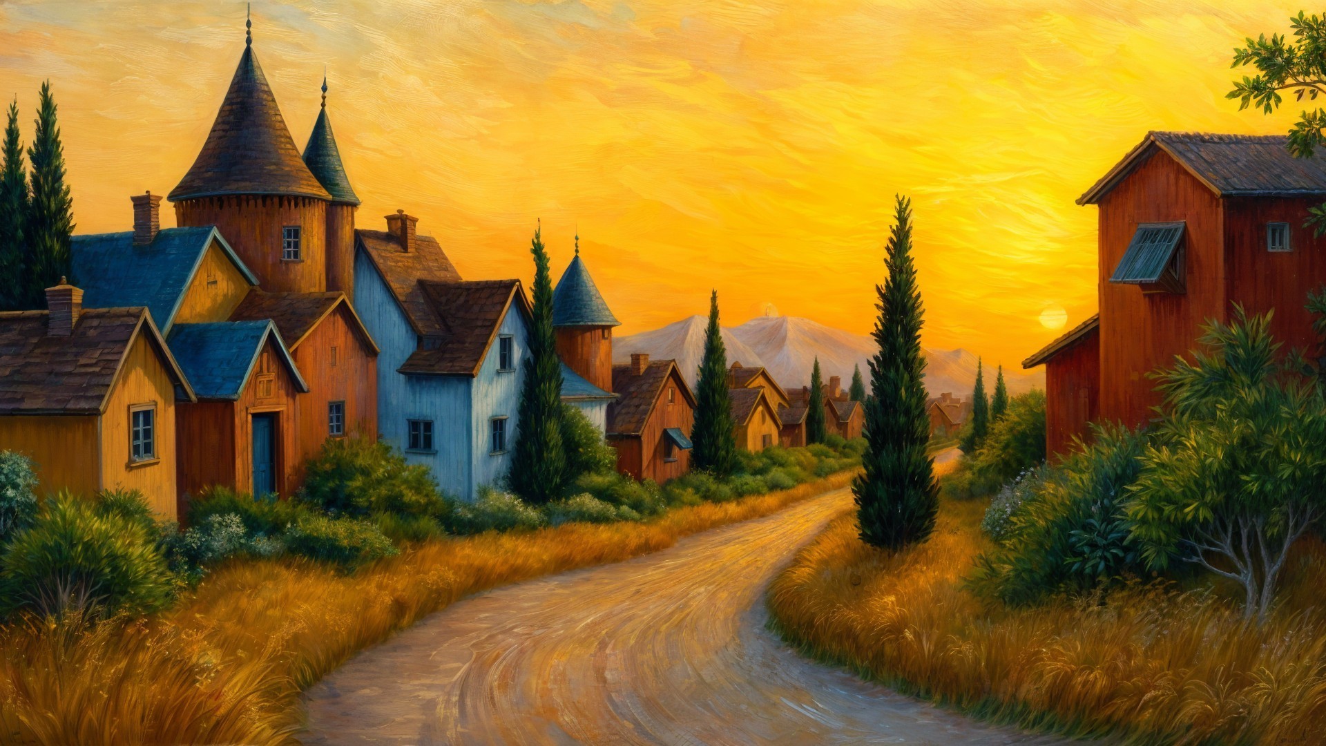 Charming Cottages in a Sunset Landscape Scene