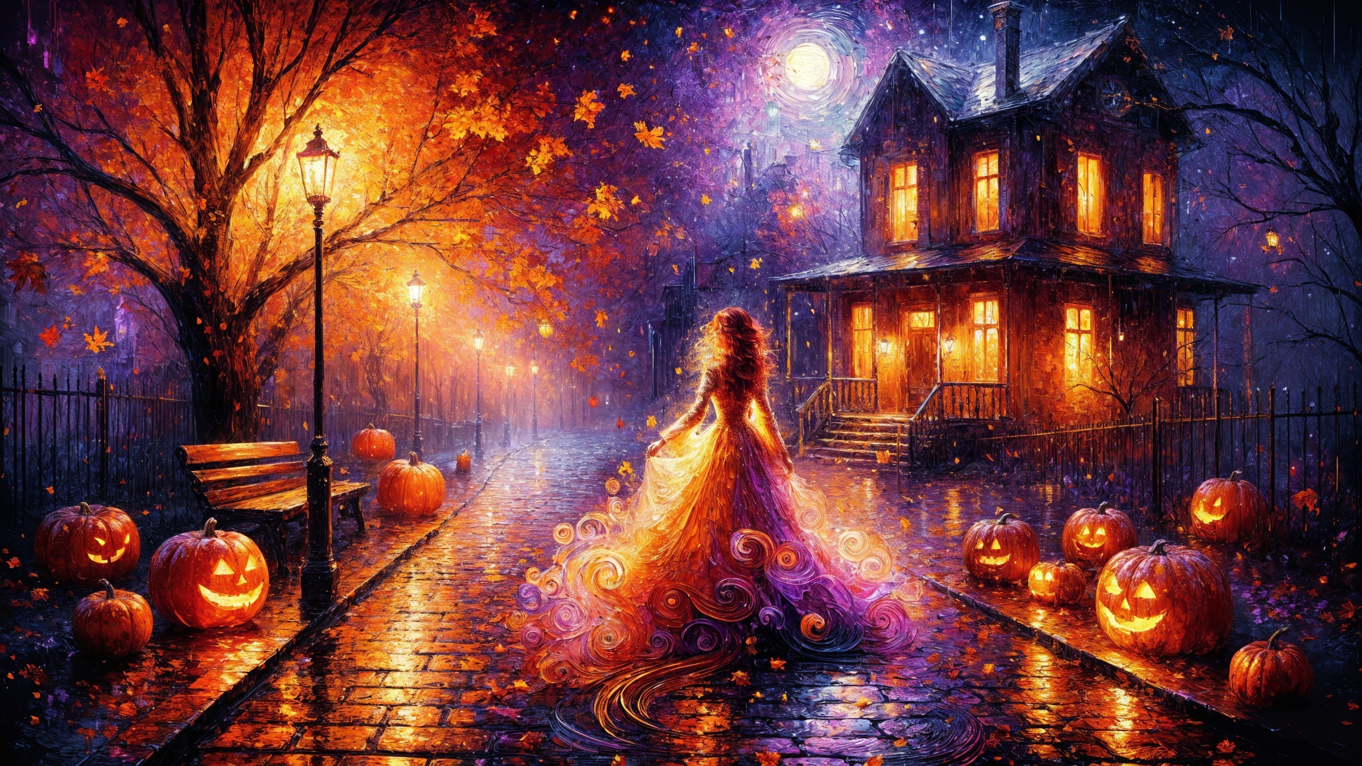 Mystical Autumn Night Scene with Pumpkin Lanterns
