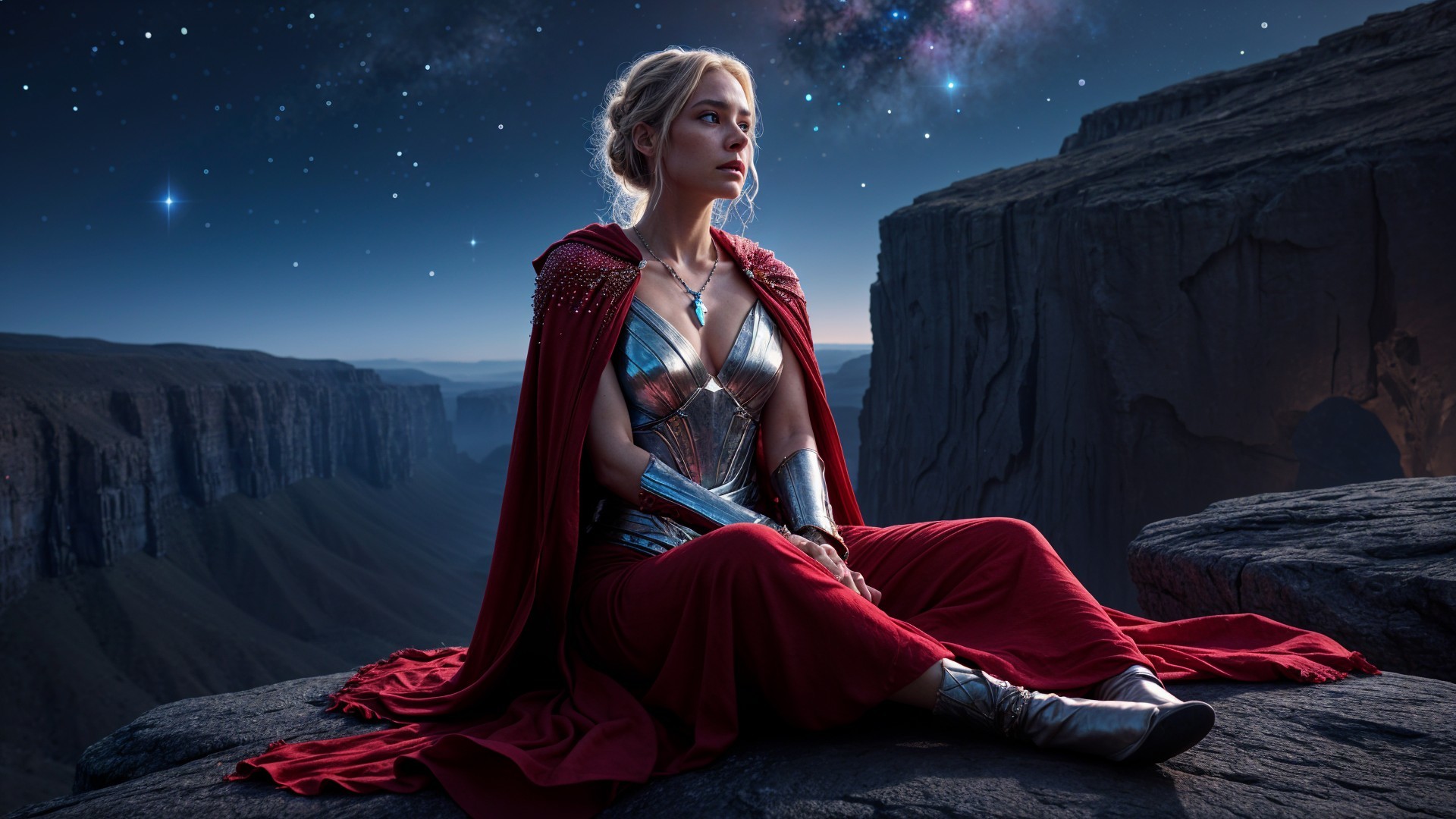 Majestic Warrior on Ledge Under Starry Sky