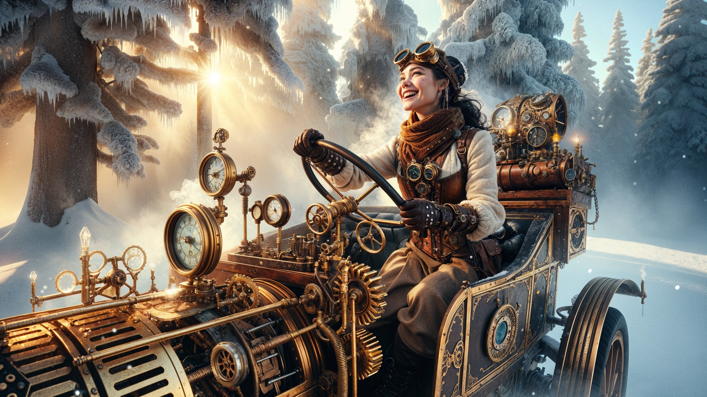 Woman in vintage steampunk attire driving a brass vehicle
