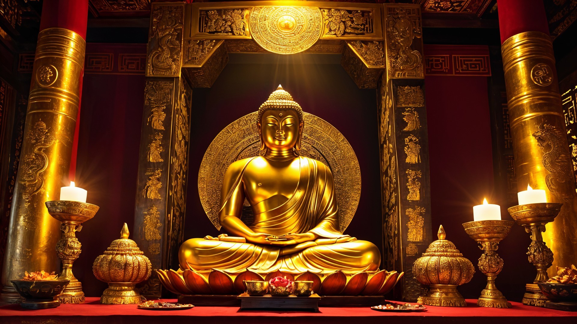 Golden Buddha Statue in Meditative Posture with Pillars