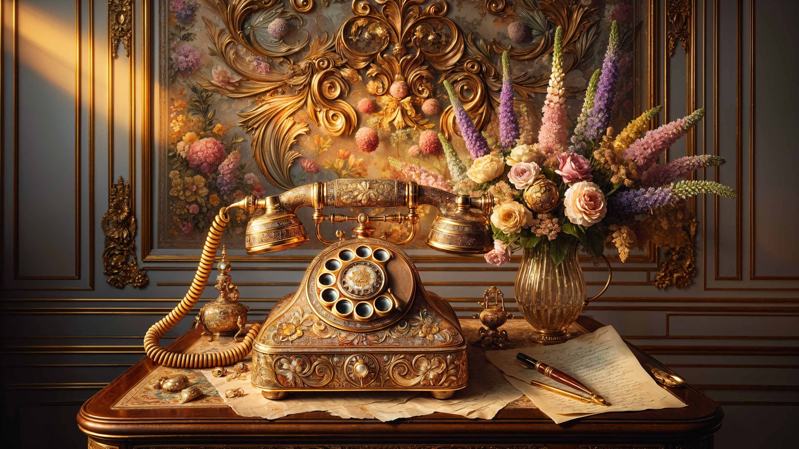 Ornate vintage telephone and floral vase display