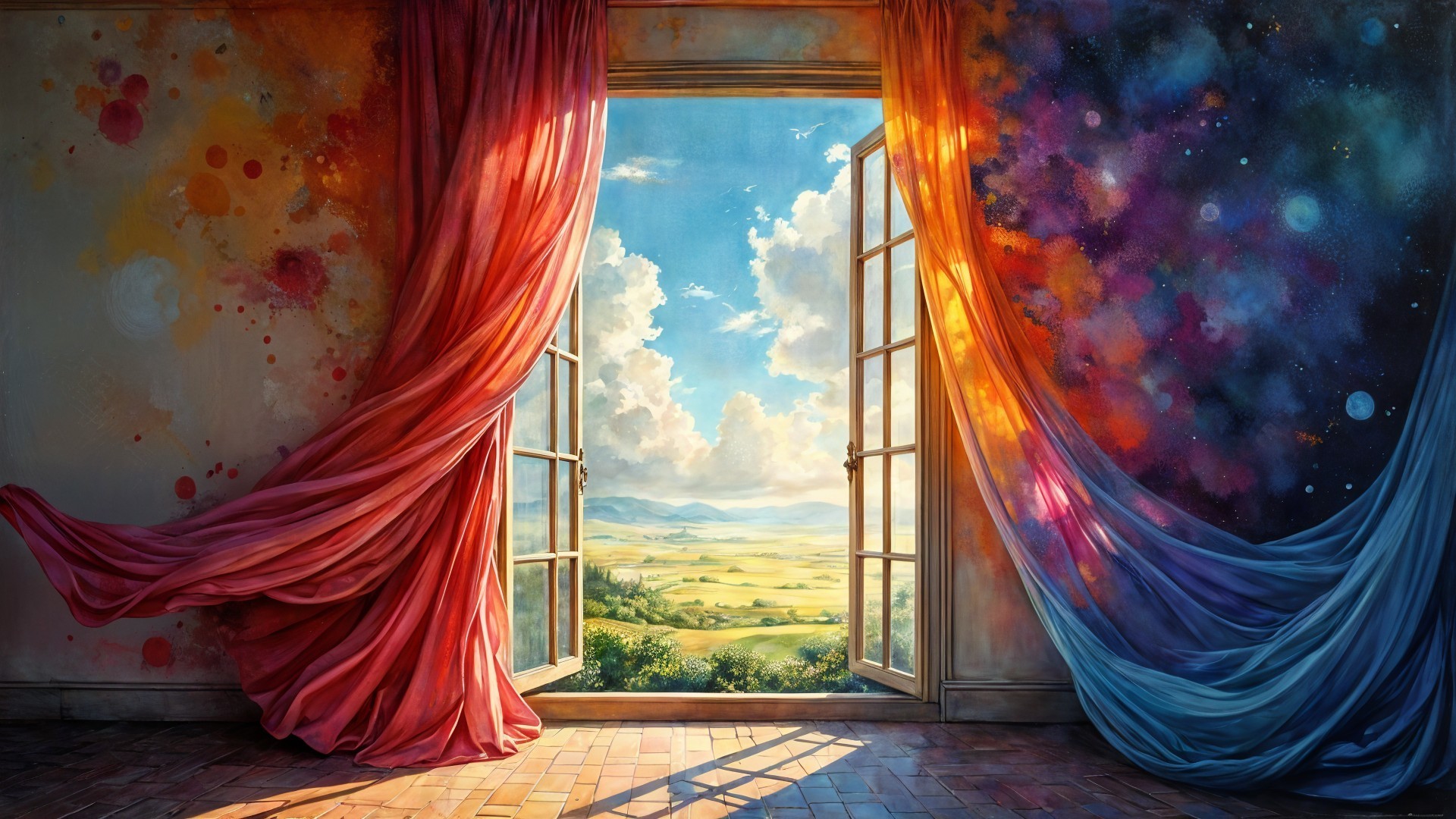 Idyllic Landscape Through Open Window with Vibrant Curtains