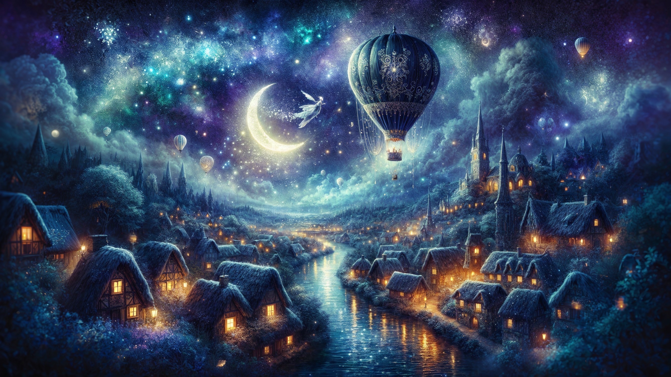 Whimsical Night Scene of a Tranquil Village