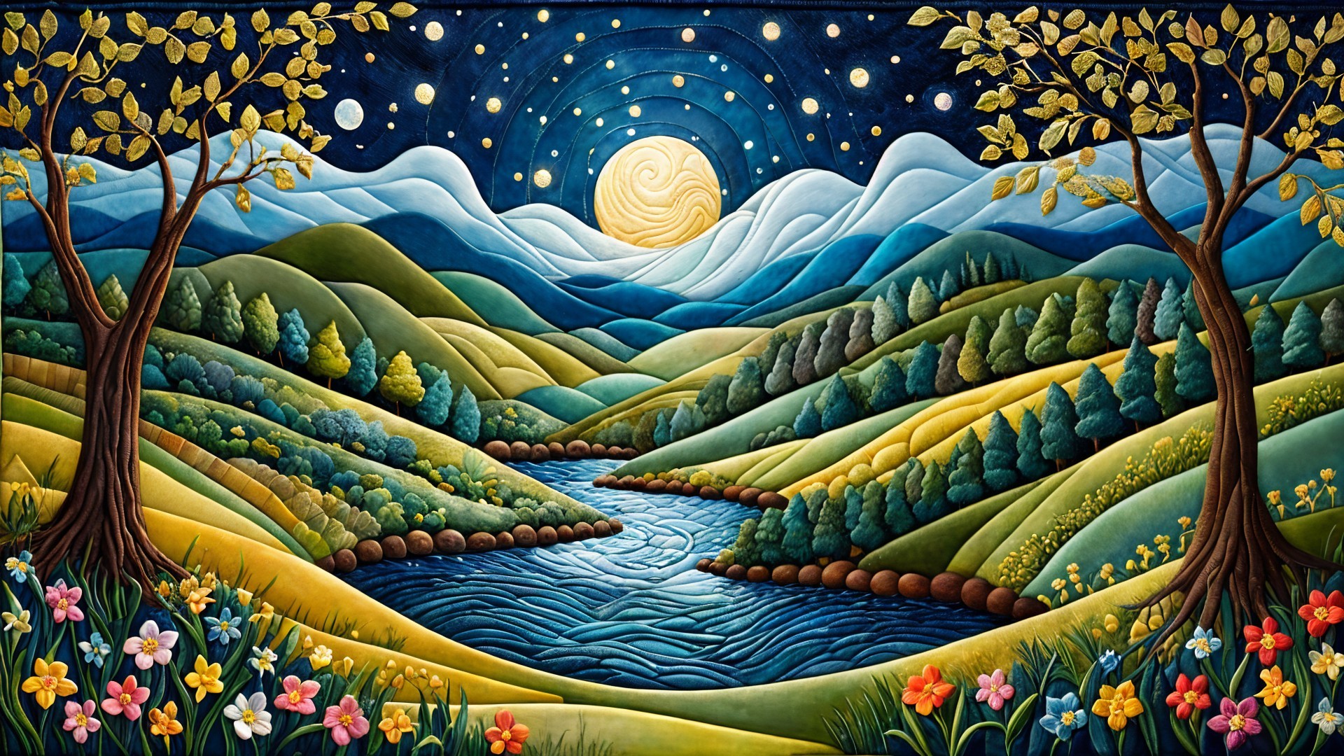 Vibrant Landscape with Rolling Hills and River