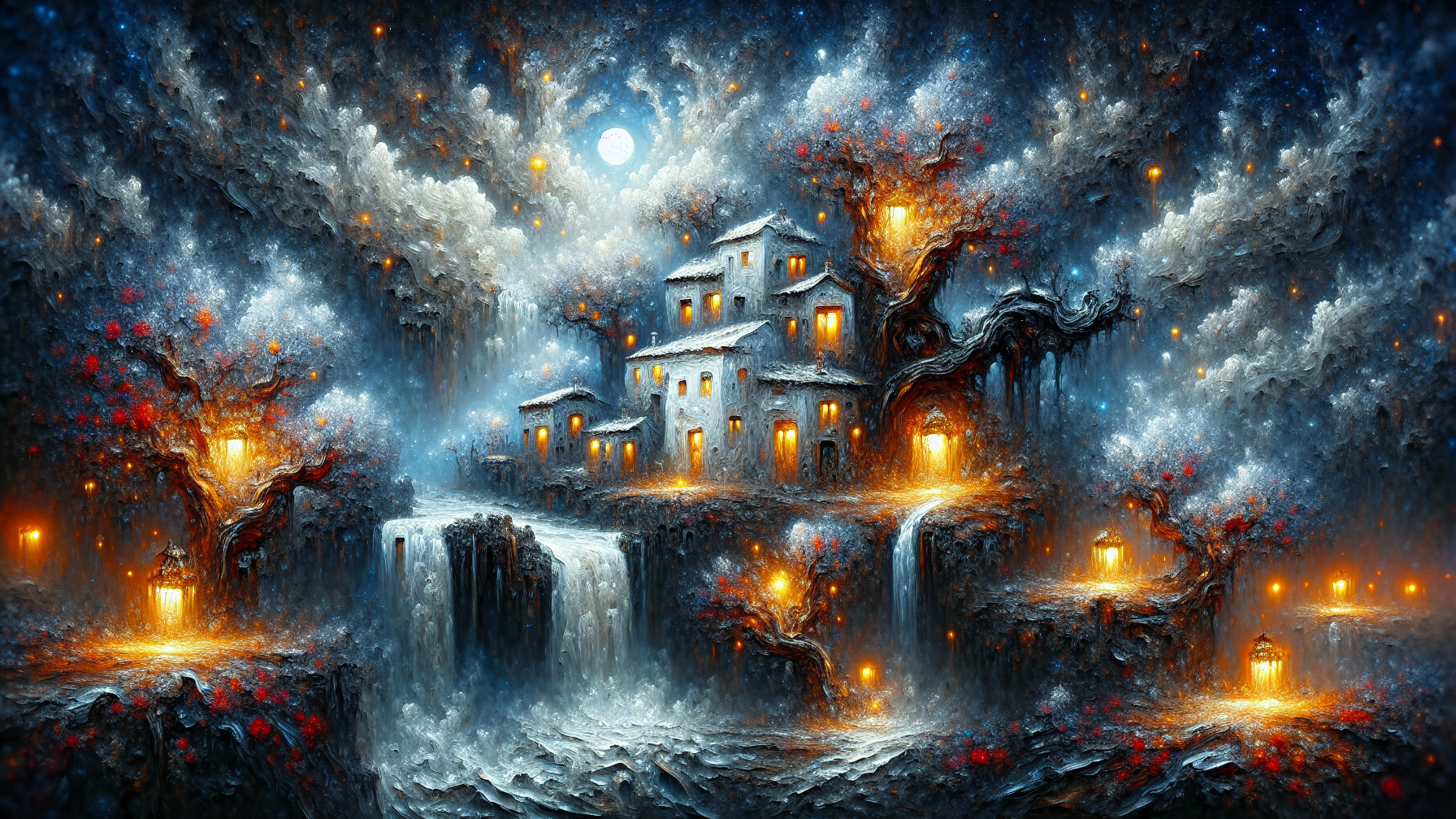 Serene Village Under Full Moon in Mystical Landscape