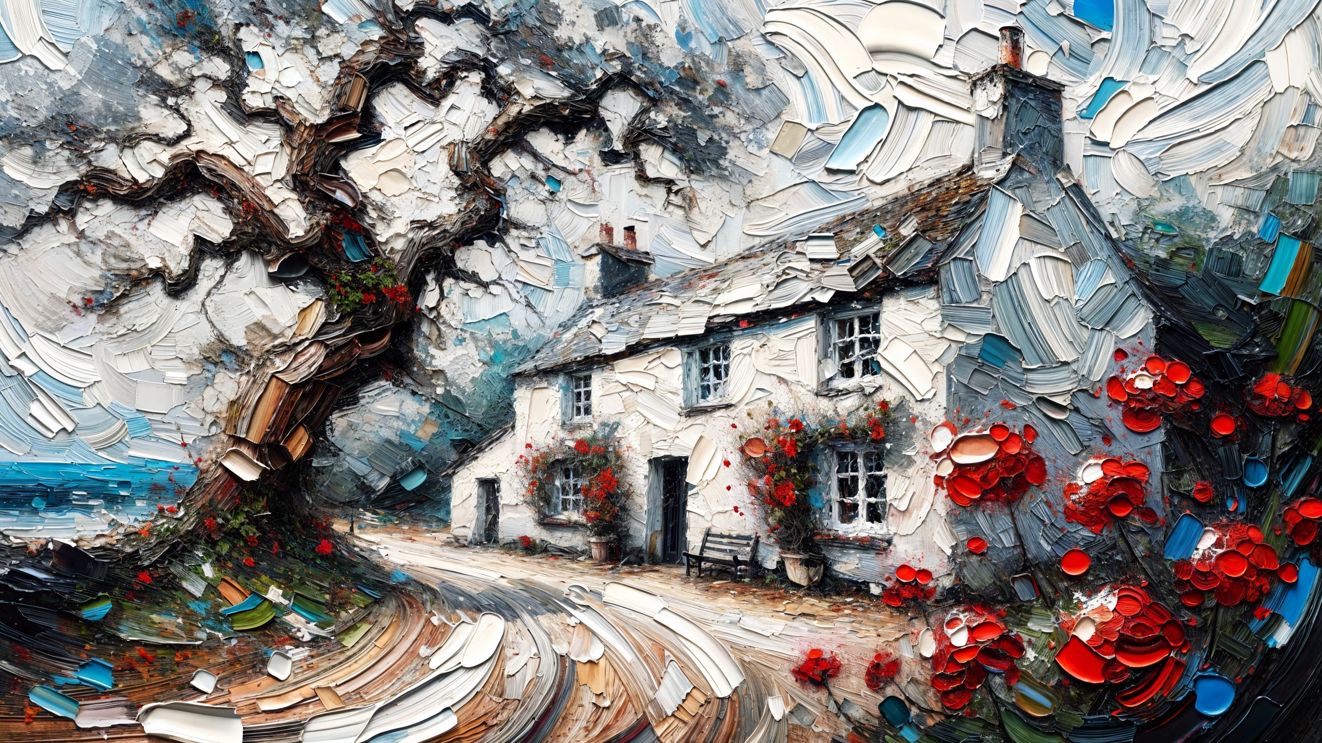 Countryside Scene with Cottage and Blooming Roses