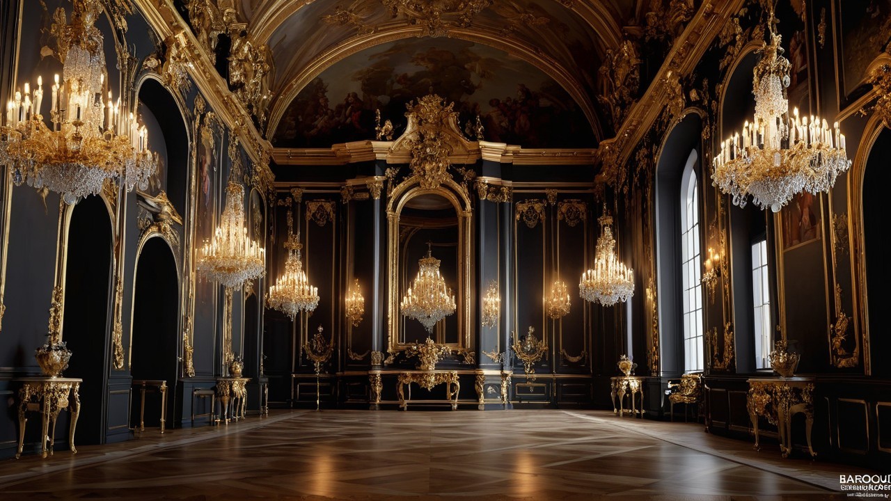 Opulent interior with dark walls and gold accents