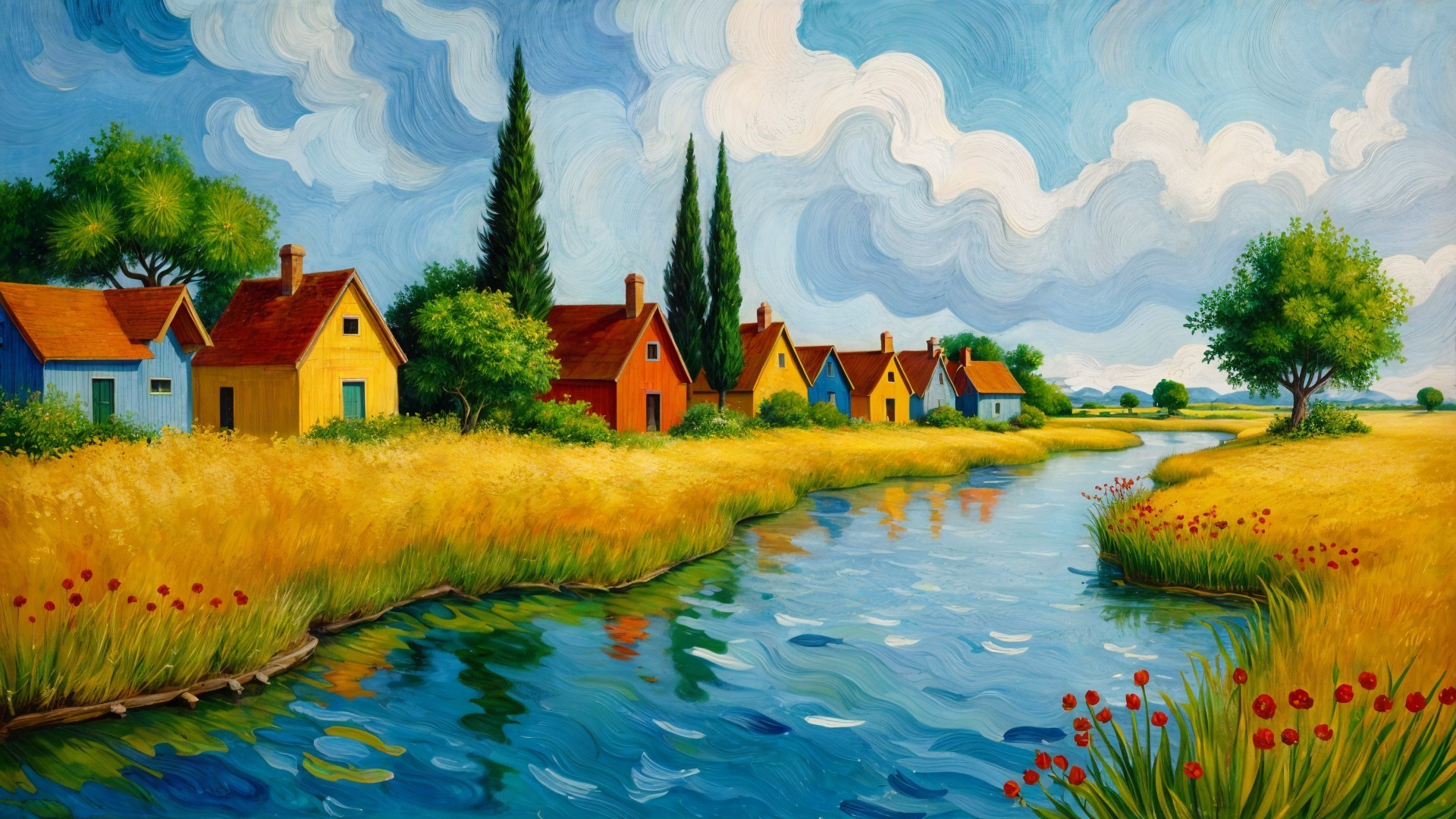 Serene Landscape with River and Colorful Houses