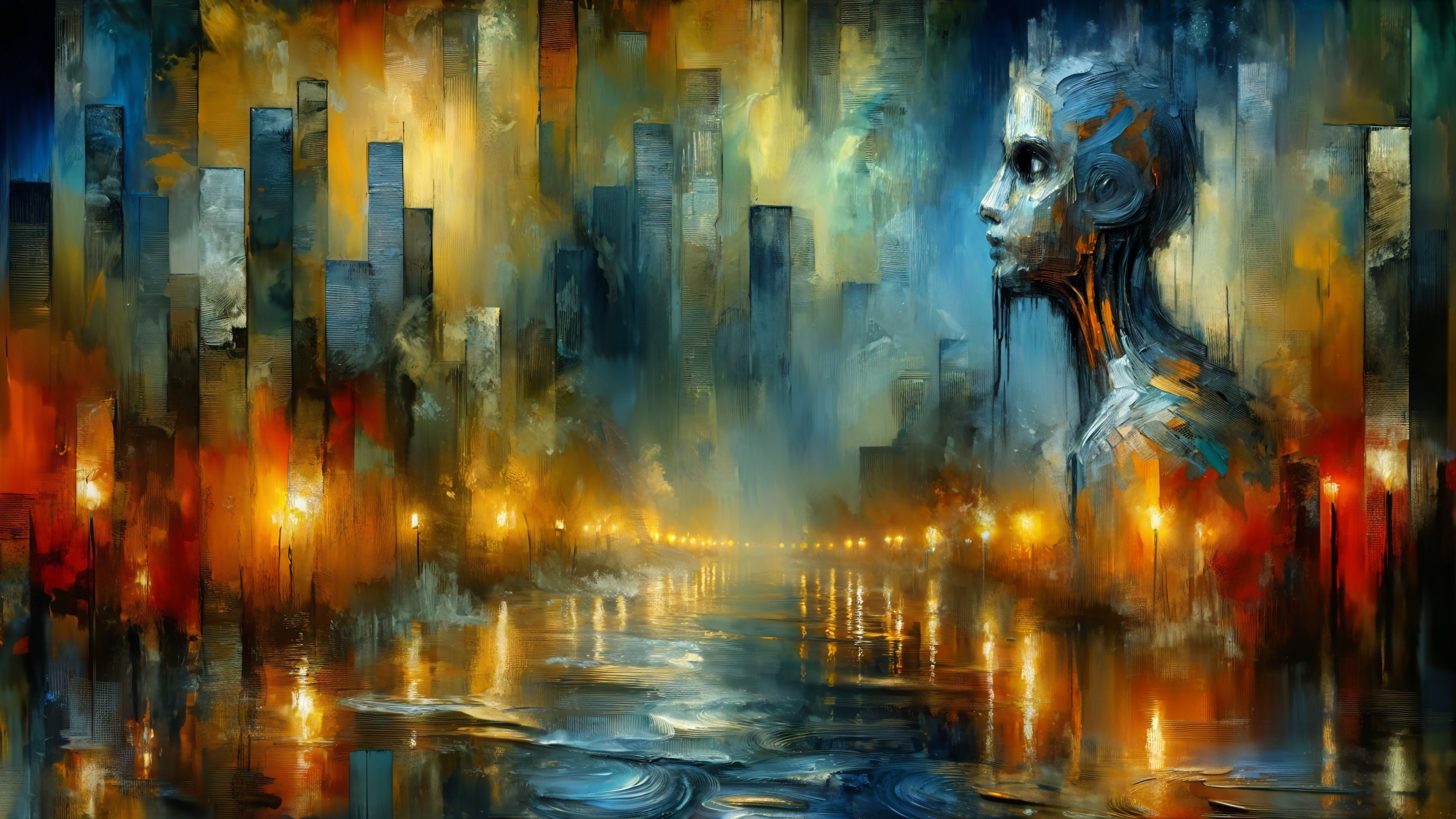 Abstract cityscape with skyscrapers and vibrant sky