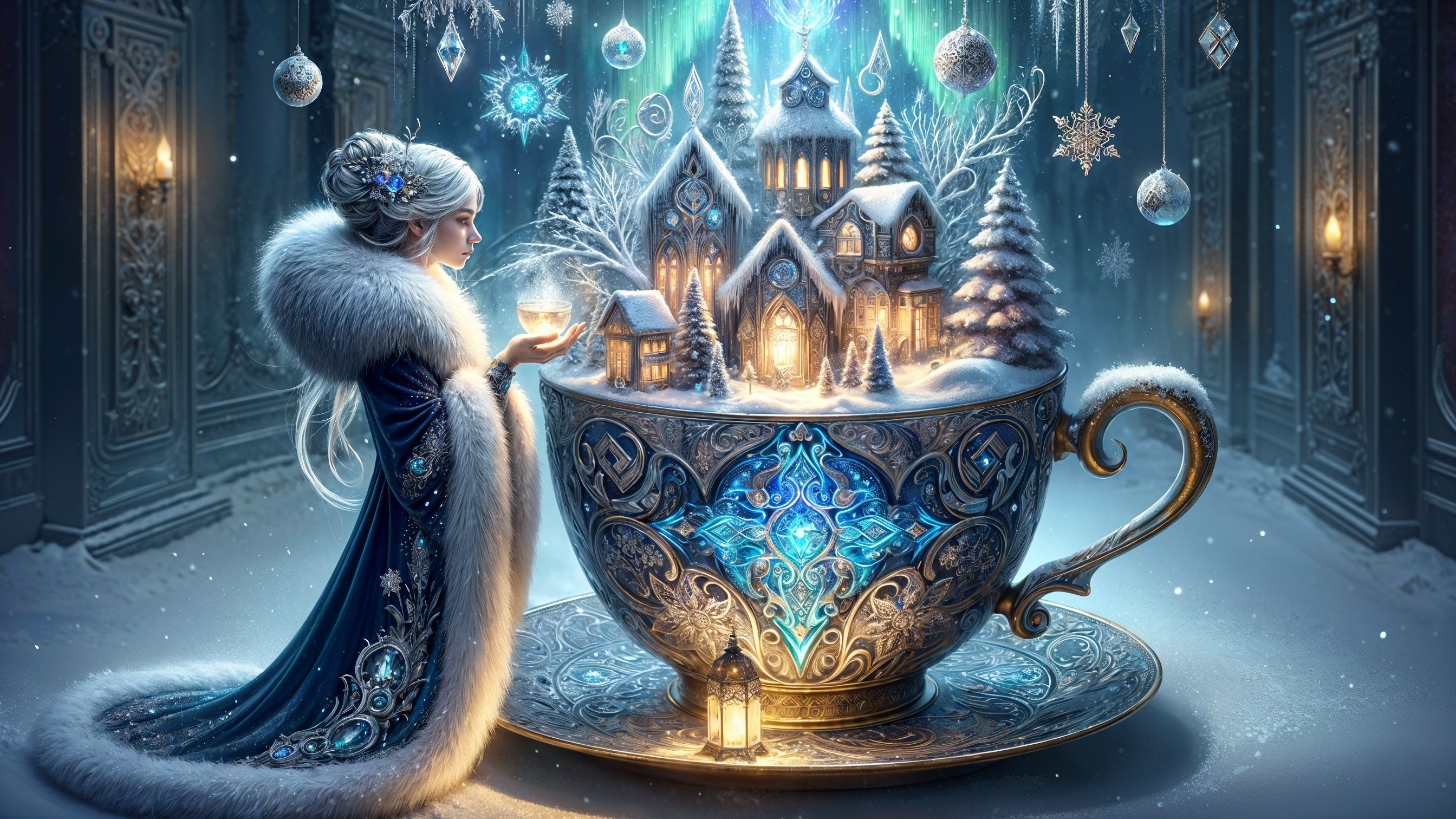 Whimsical Winter Scene with Frosty Gown and Teacup