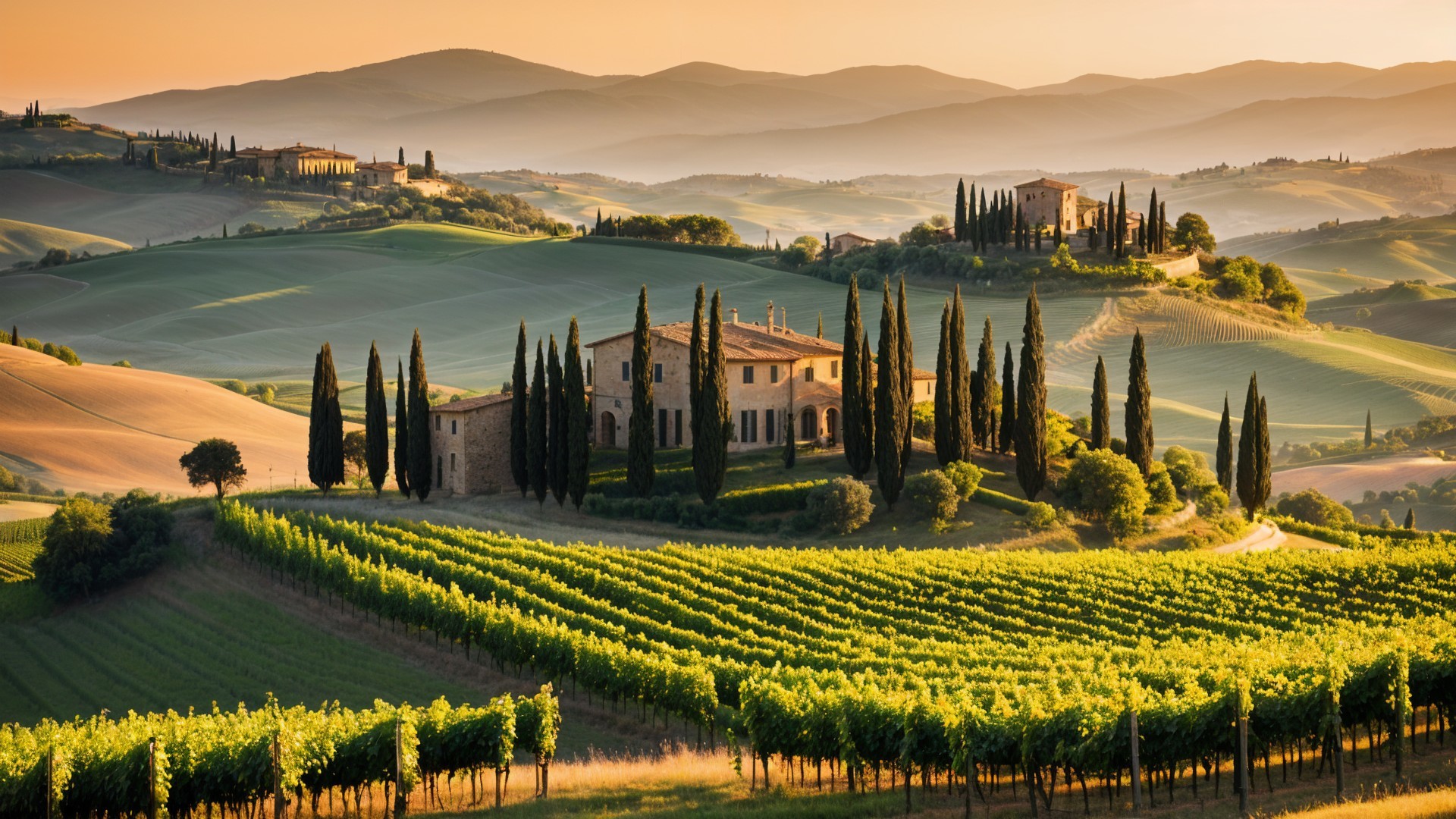 Tuscany Landscape with Vineyards and Cypress Trees