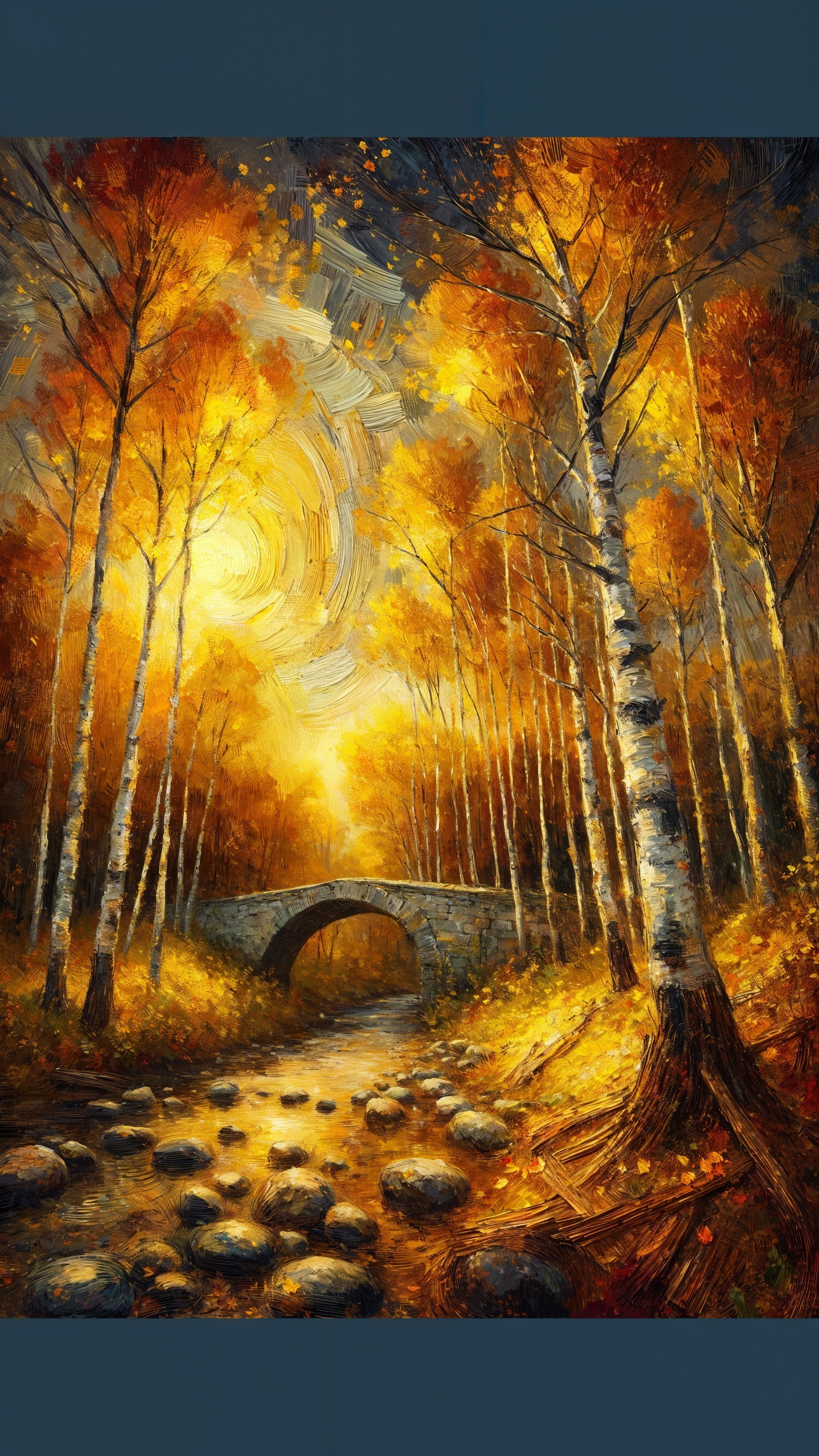 Autumn Landscape with Stone Bridge and Vibrant Trees
