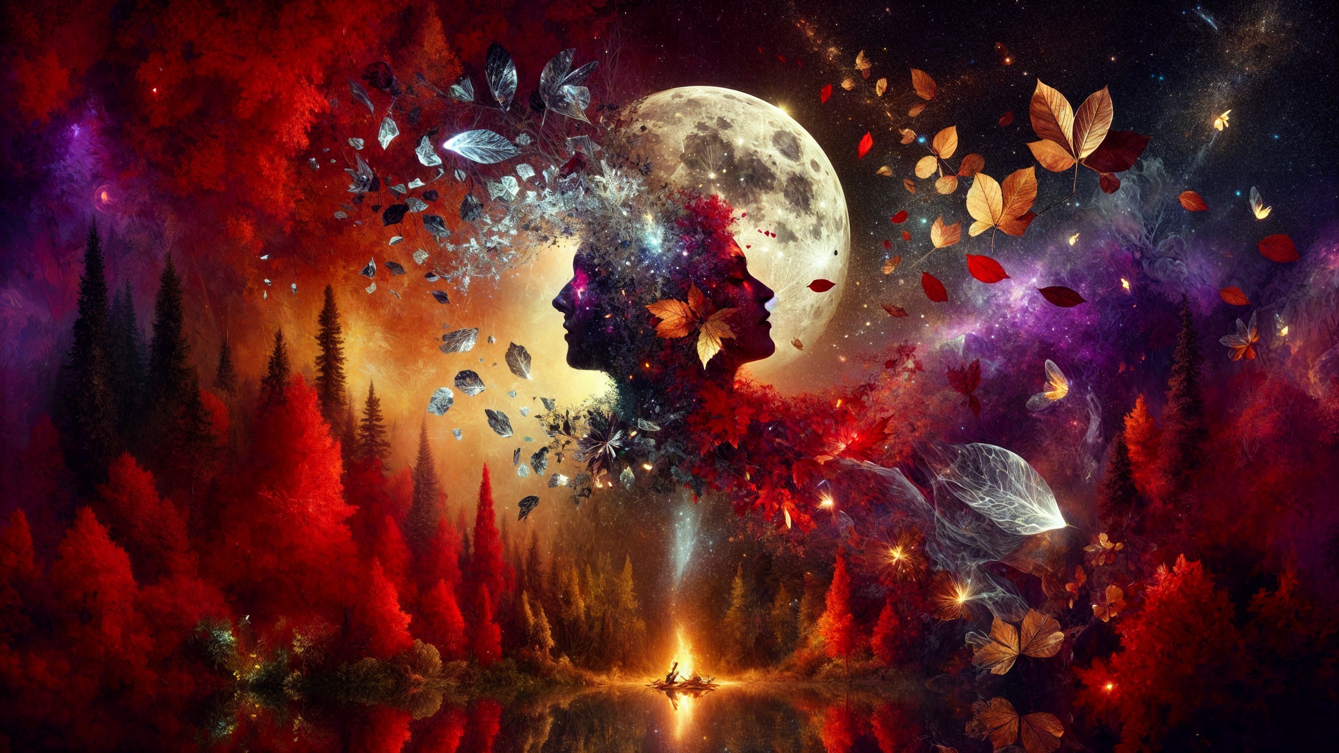 Surreal Autumn Landscape with Moon and Reflections