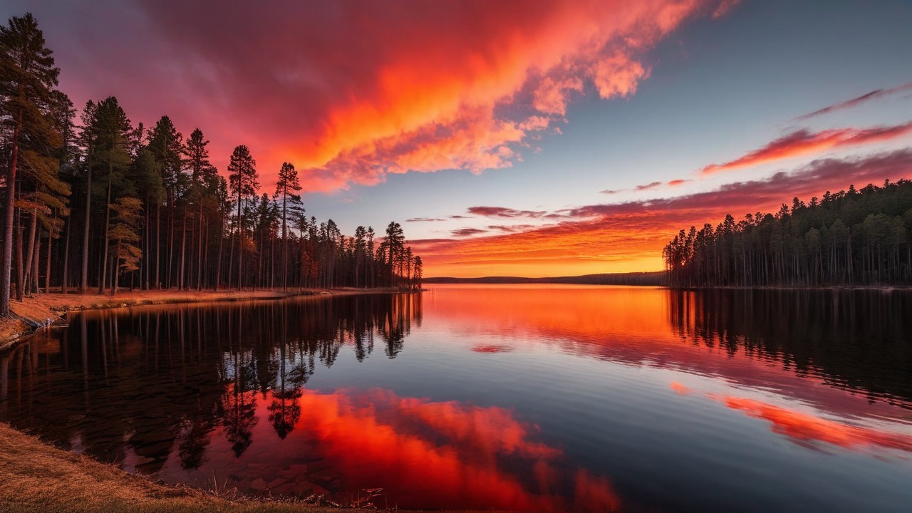 Tranquil Lake at Sunset with Vibrant Sky Reflections