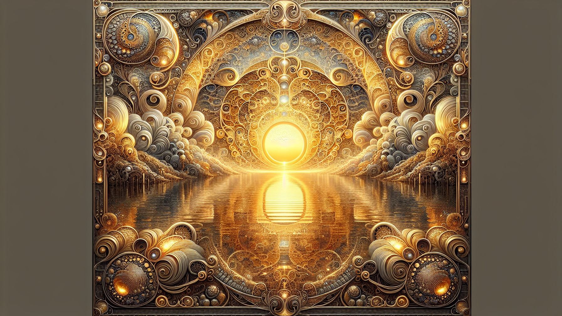 Golden Fractal Mandala with Radiant Sun and Water