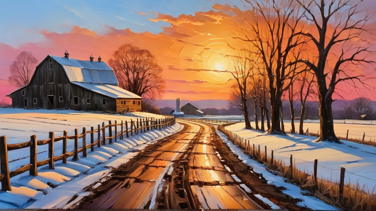 Winter Rural Landscape with Sunset and Snowy Road