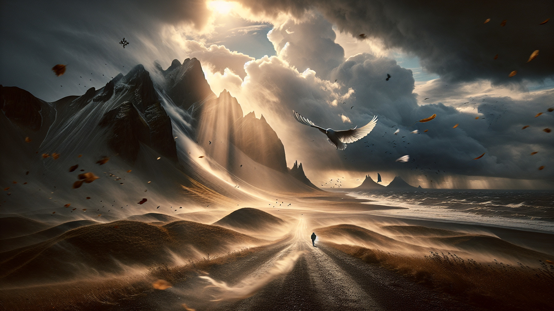 Dramatic Landscape with Stormy Sky and Rugged Mountains