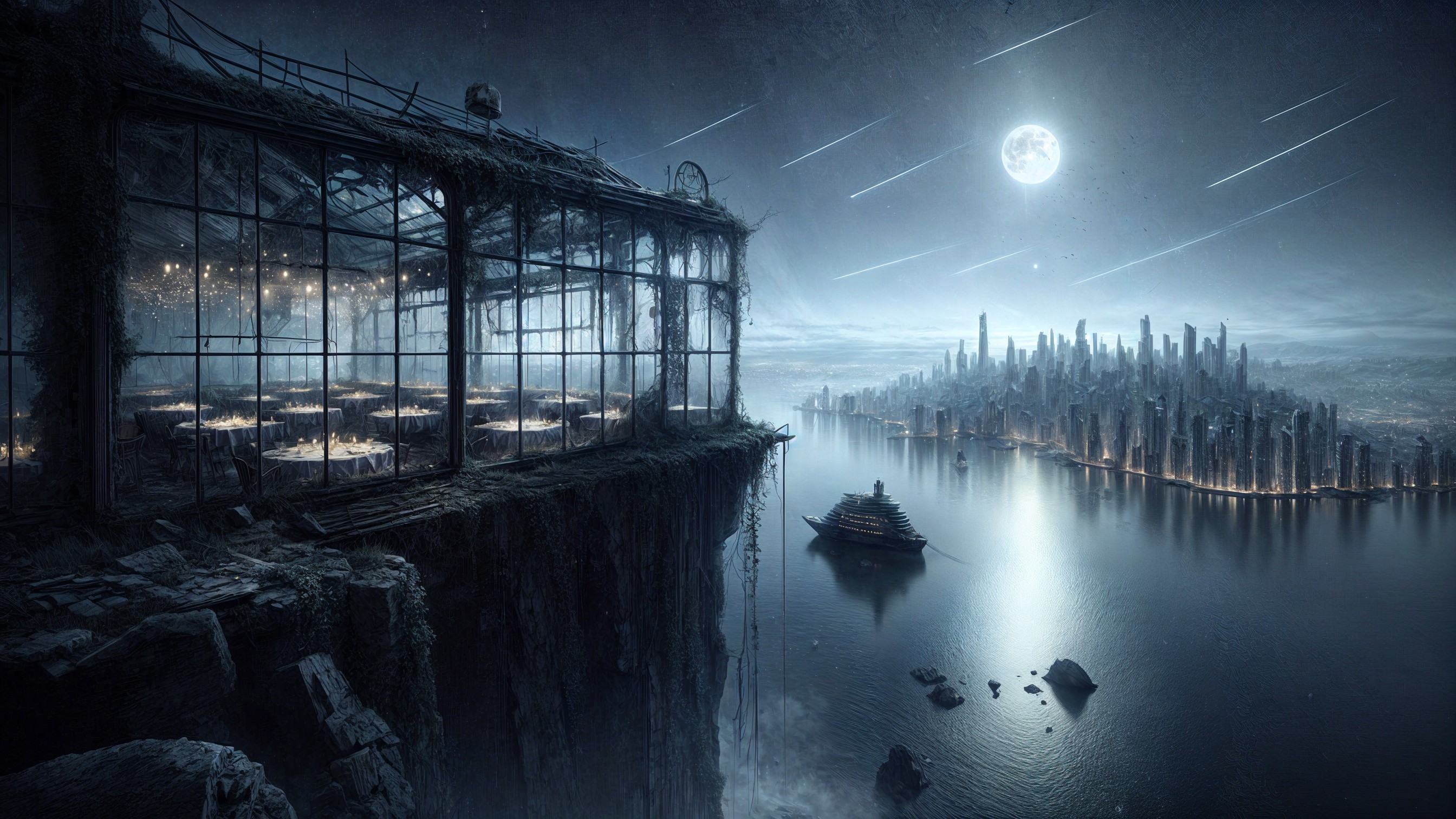 Futuristic Landscape with Glass Greenhouse and City