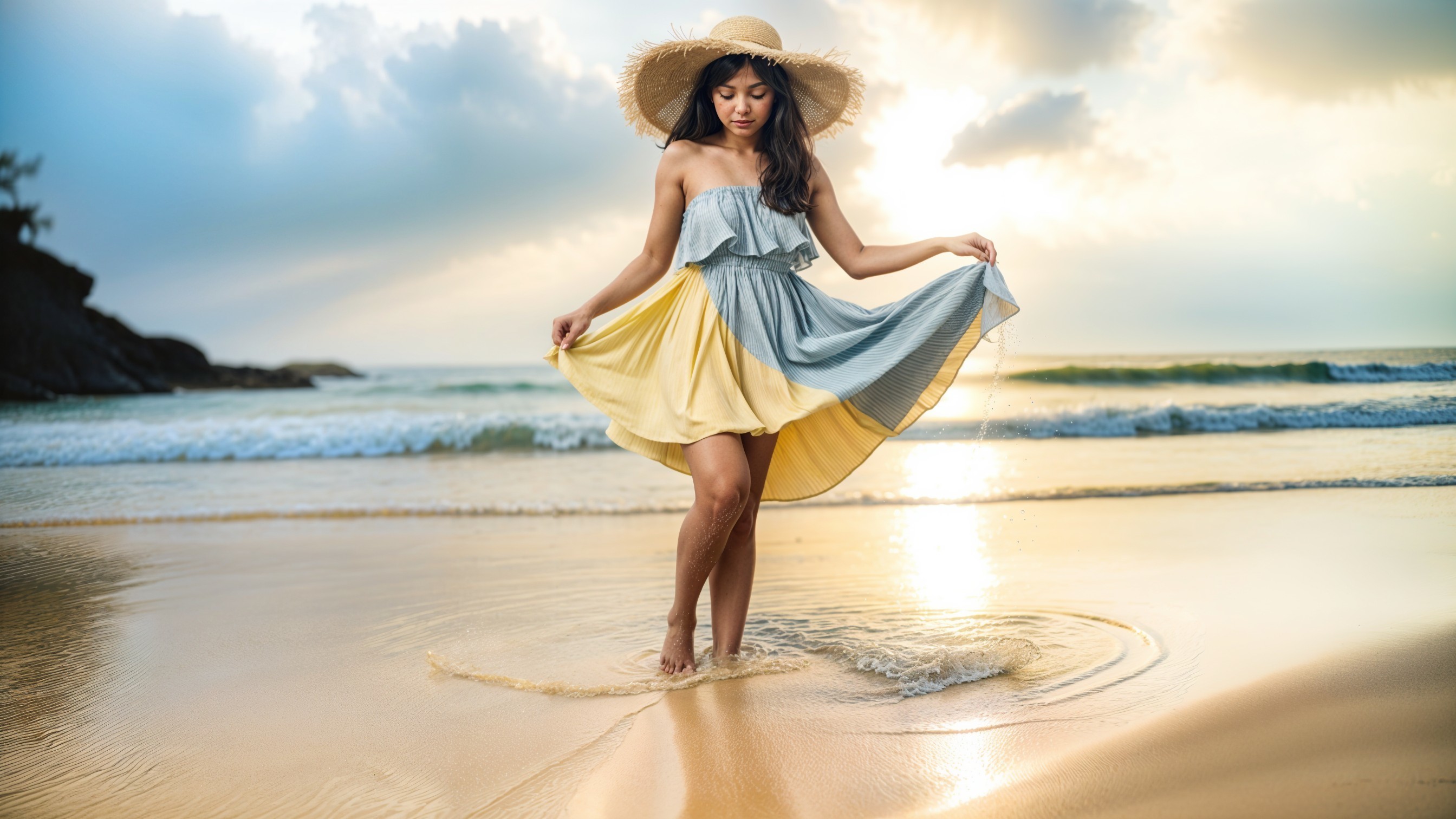 Young woman in pastel dress at sunset beach scene