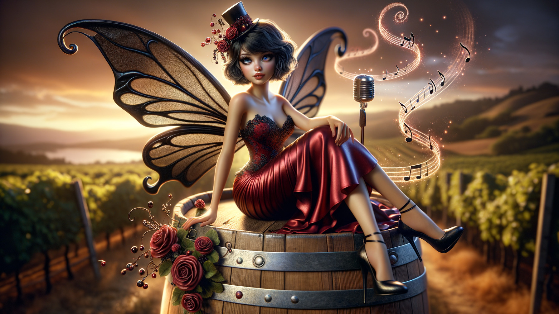 Whimsical Fairy on Wine Barrel in Vineyard Sunset