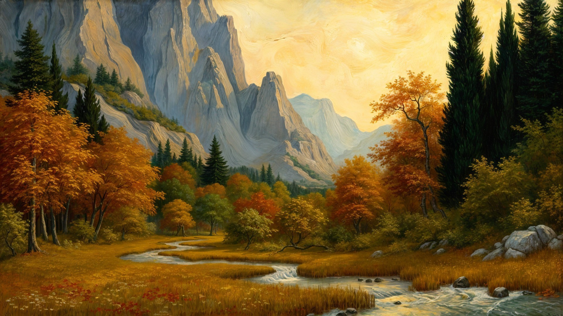 Serene Autumn Landscape with Mountains and Stream