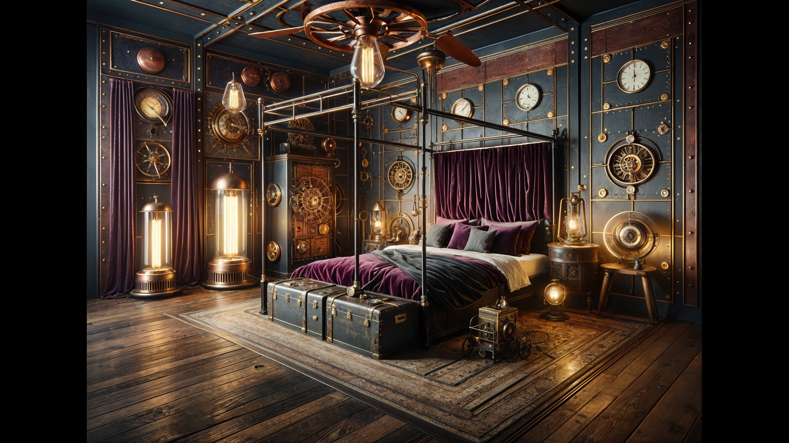 Elegant Steampunk Room with Vintage Clocks and Gear Decor