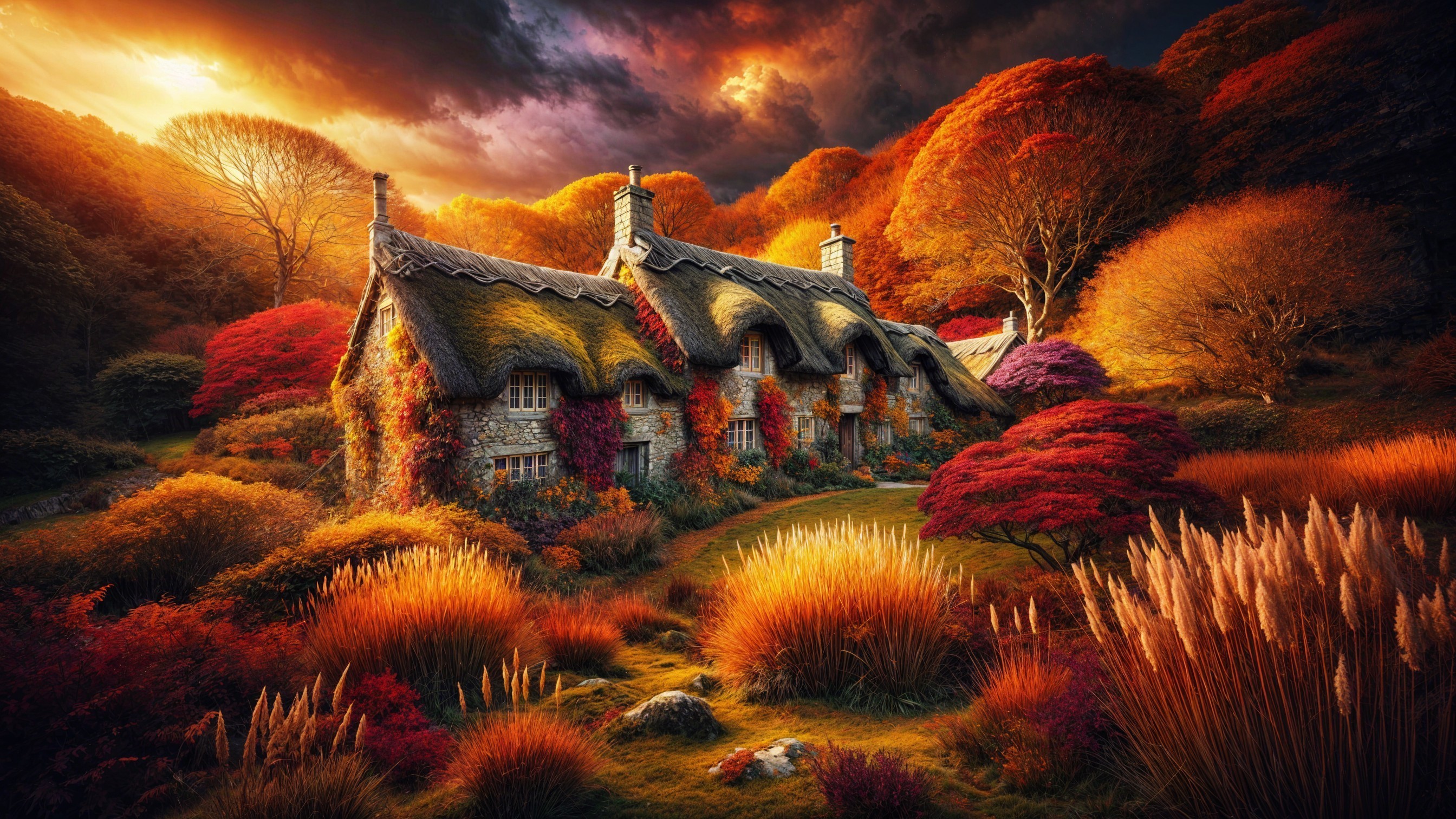Thatched Cottage in Vibrant Autumn Landscape