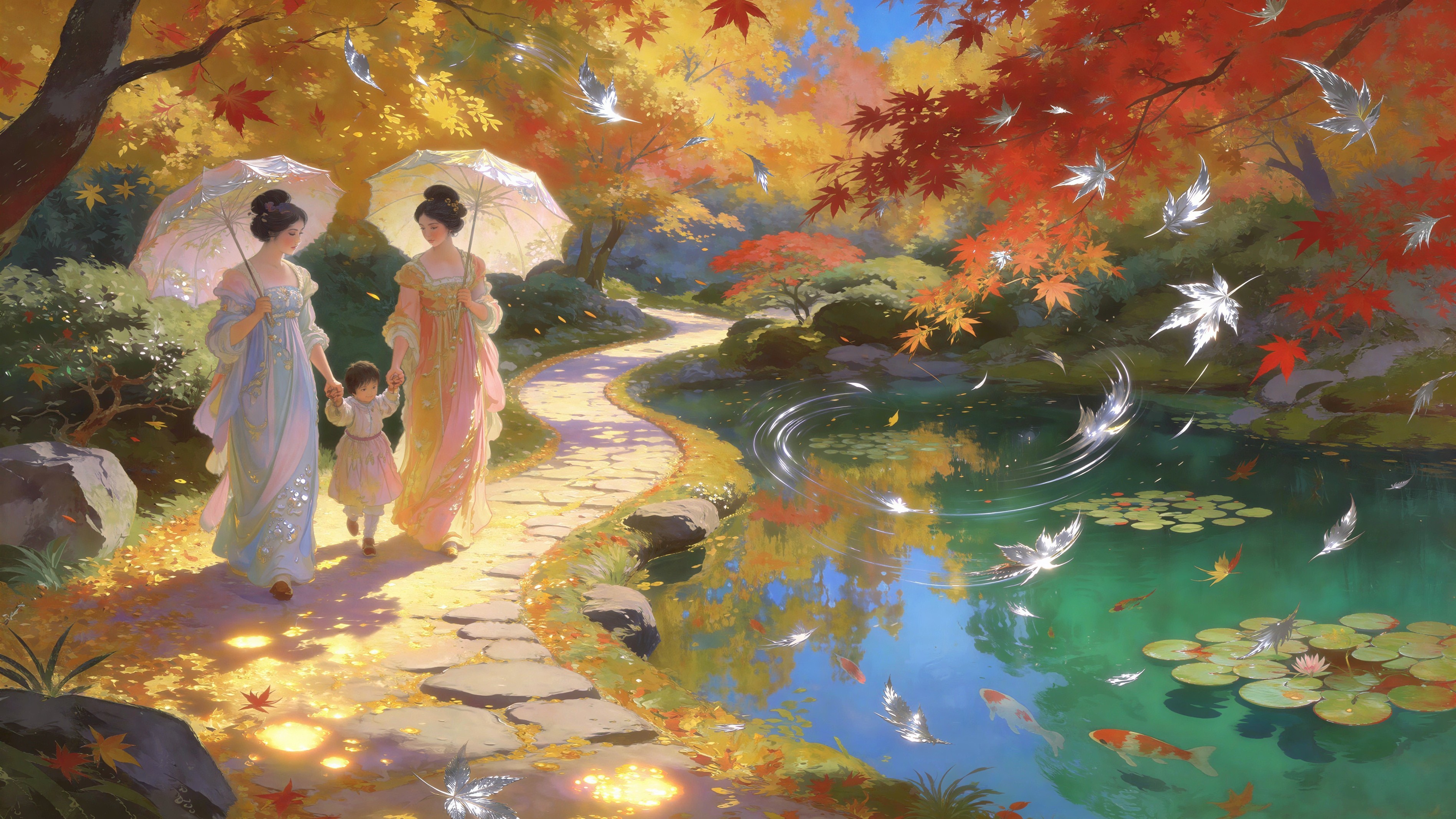 Women and Child Walking in Autumn Garden Path