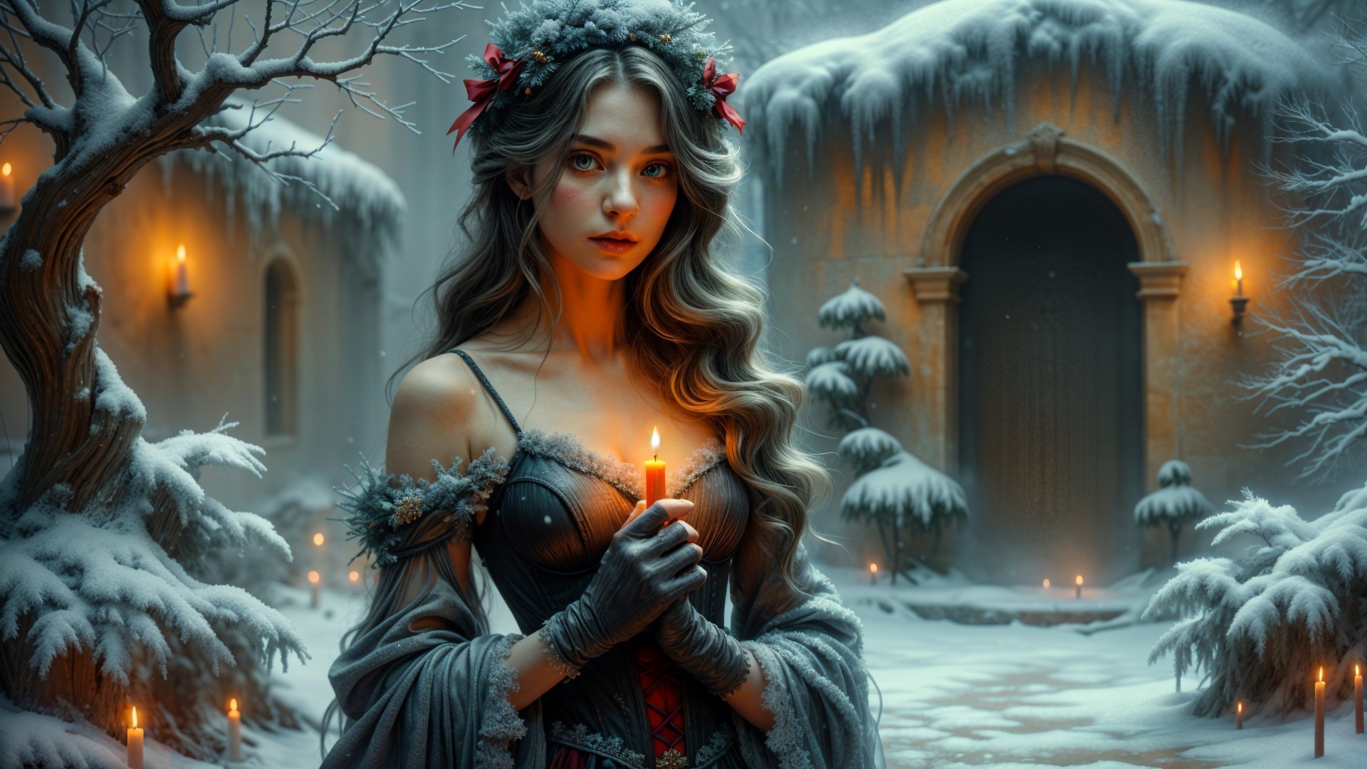 Young Woman in Dark Dress in Snowy Landscape