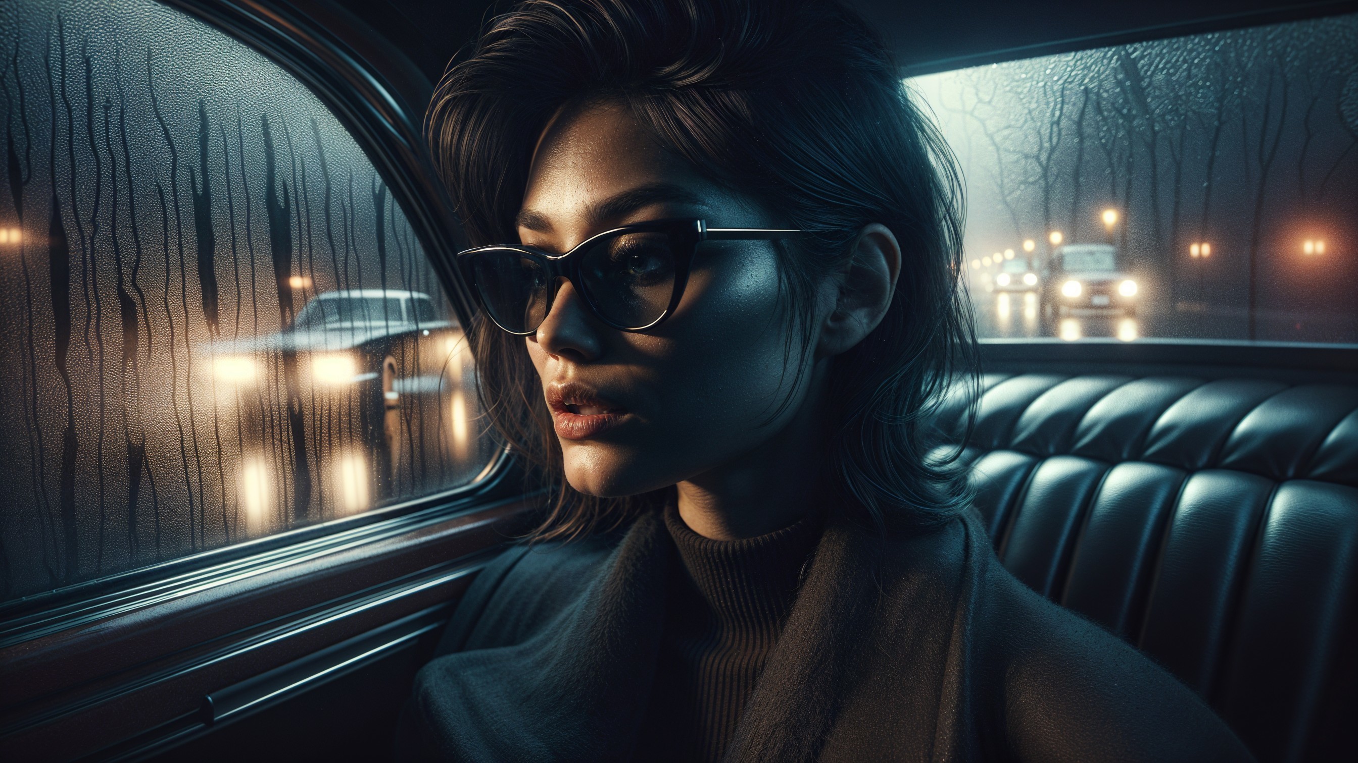 Stylish Woman in Vintage Car on Rainy Night