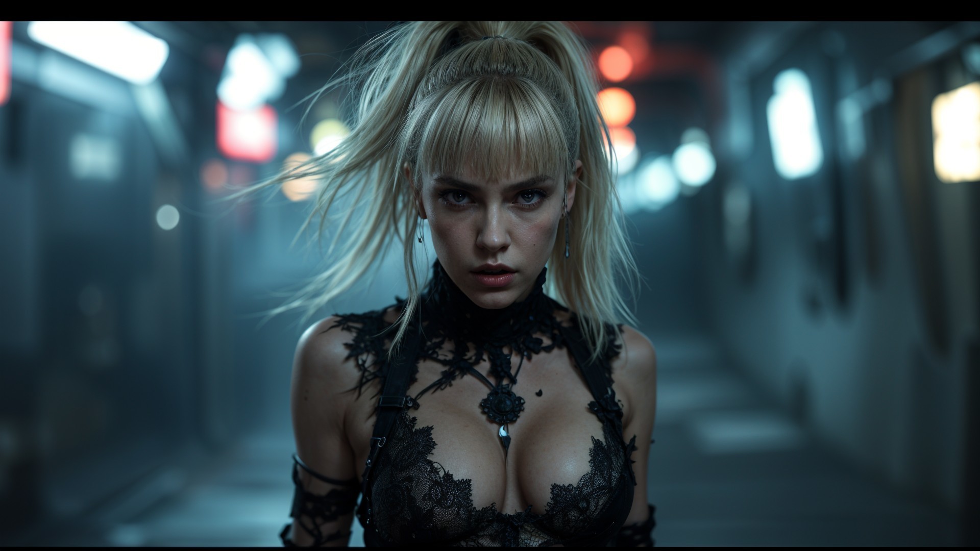 Futuristic Gothic Figure in Dimly Lit Corridor