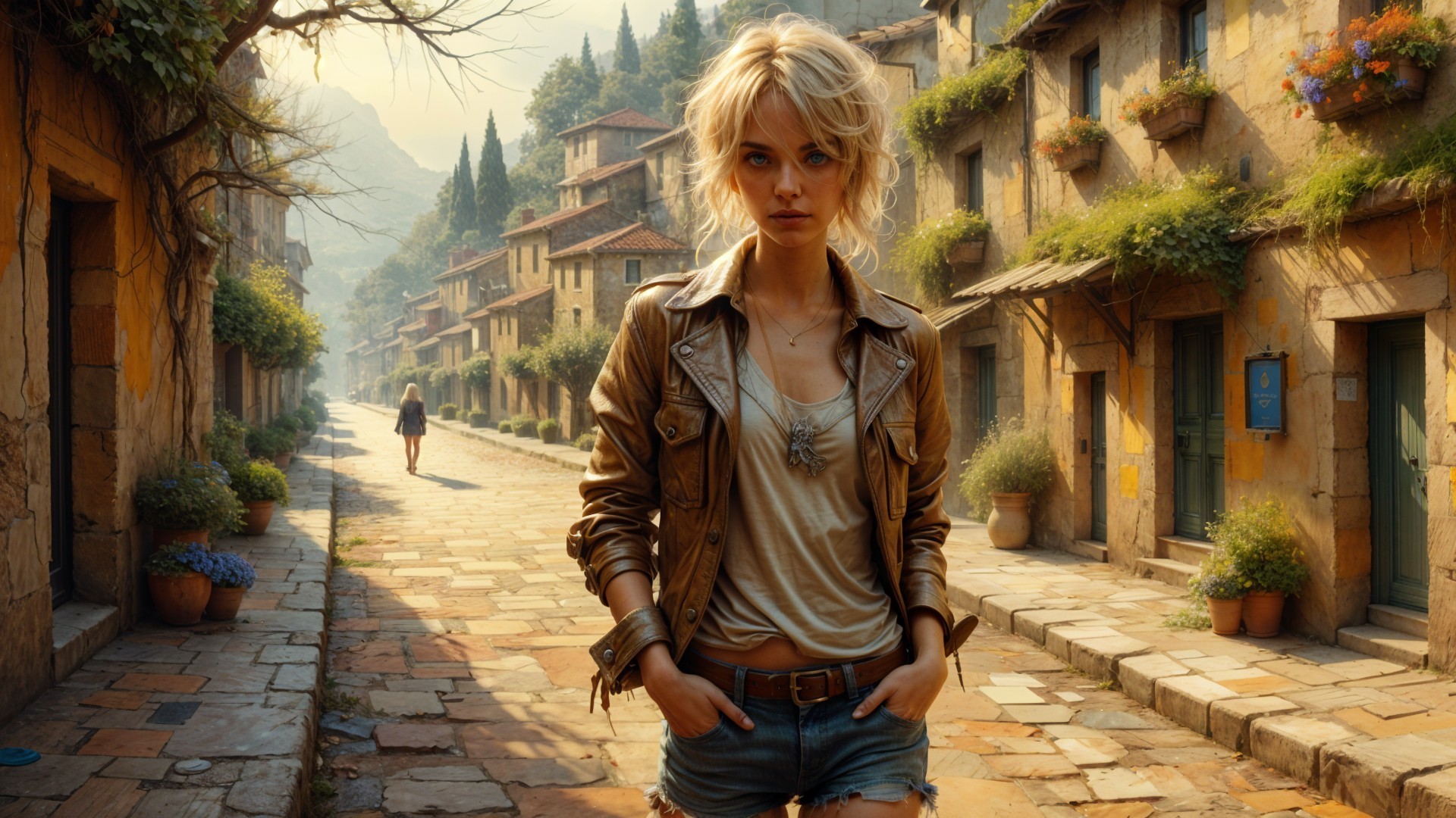 Young woman walking on a sunlit cobblestone street