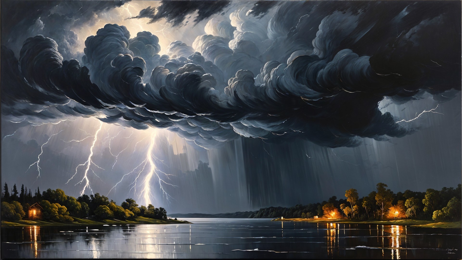Dramatic Landscape with Stormy Sky and Tranquil River