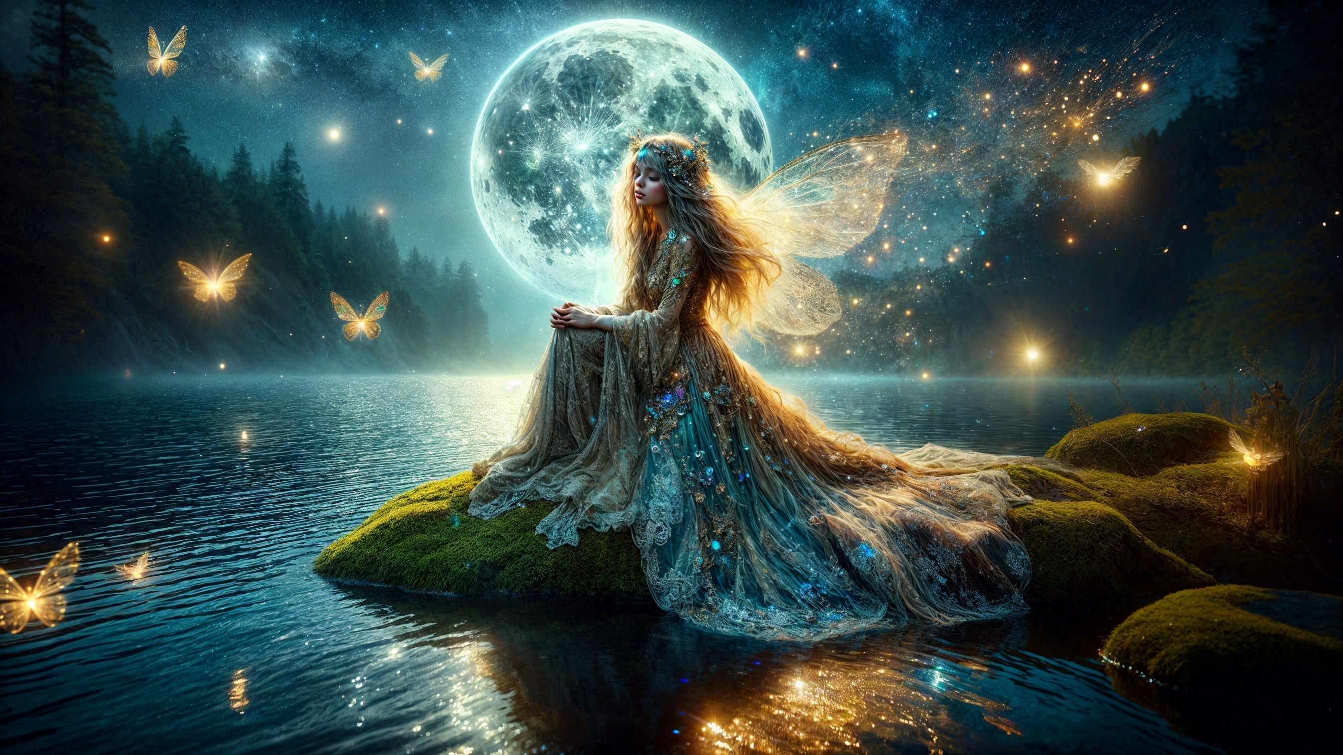 Fairy by Moonlit Lake in Enchanted Forest Setting