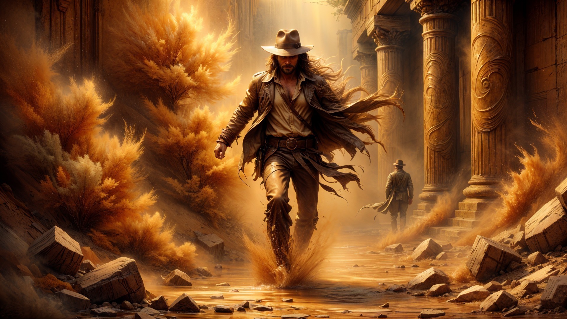 Rugged Adventurer in Ancient Ruins with Golden Grasses