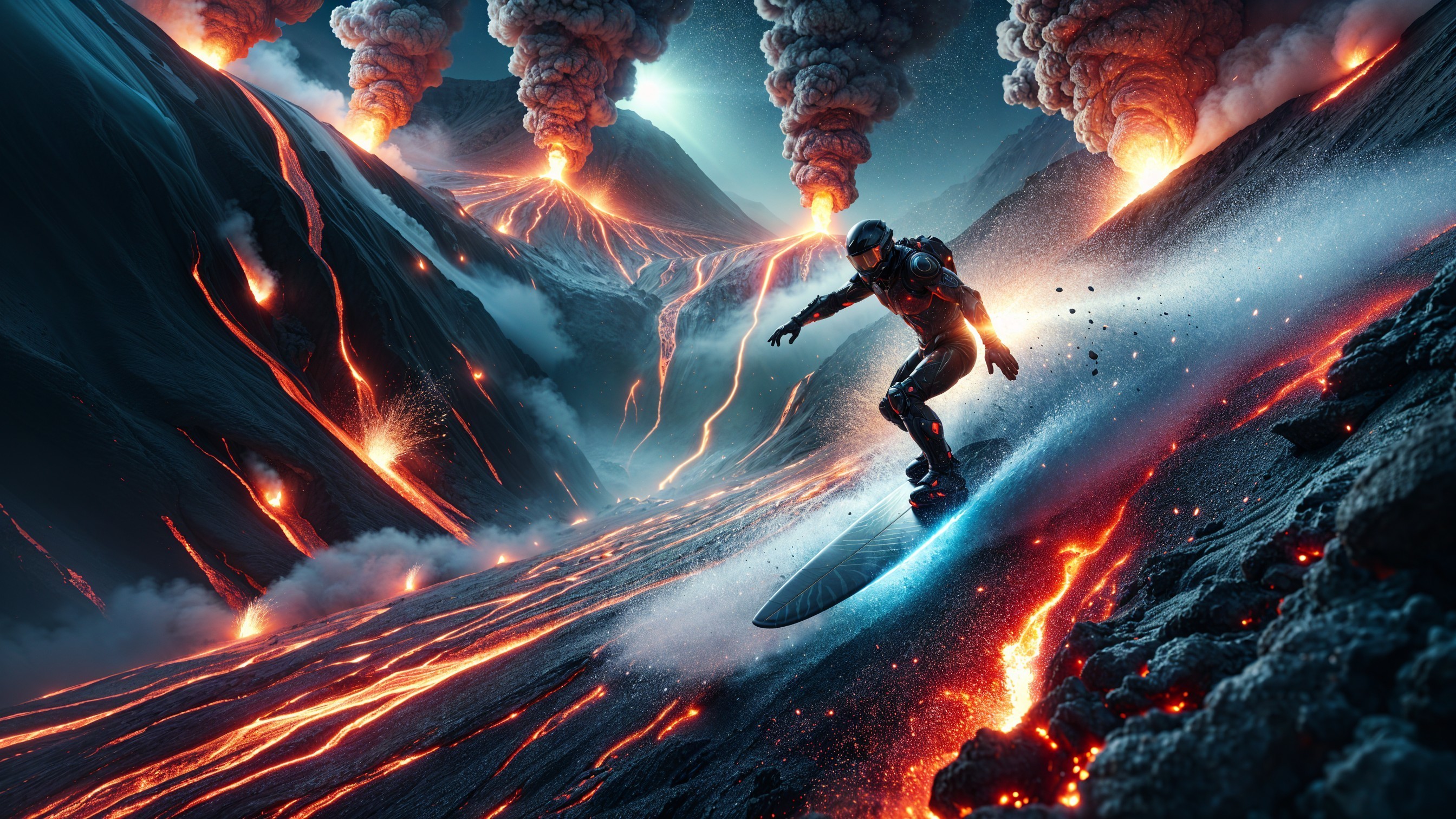 Futuristic Snowboarder on Volcanic Landscape with Lava
