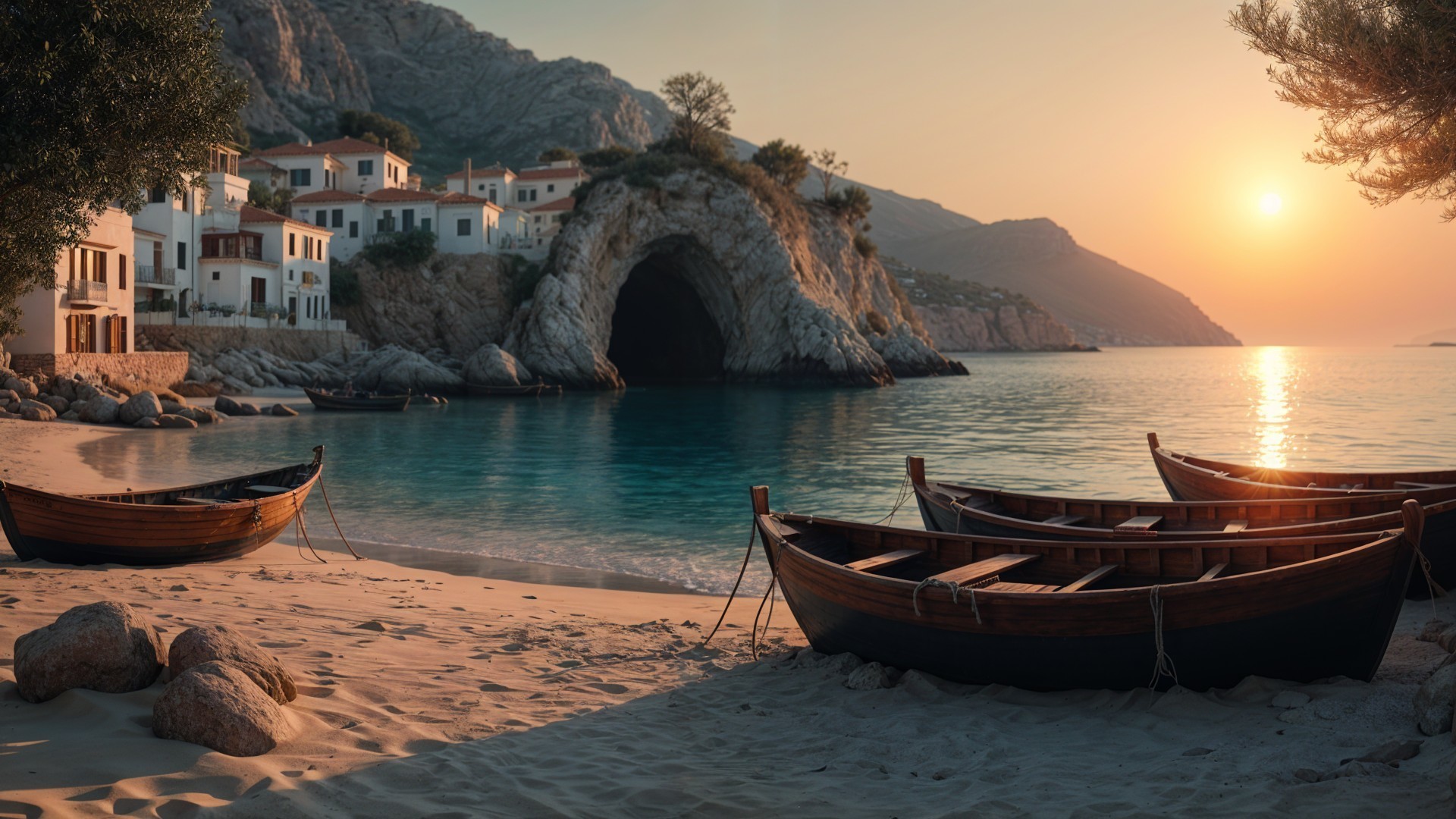 Serene Coastal Landscape at Sunset with Boats and Cliffs