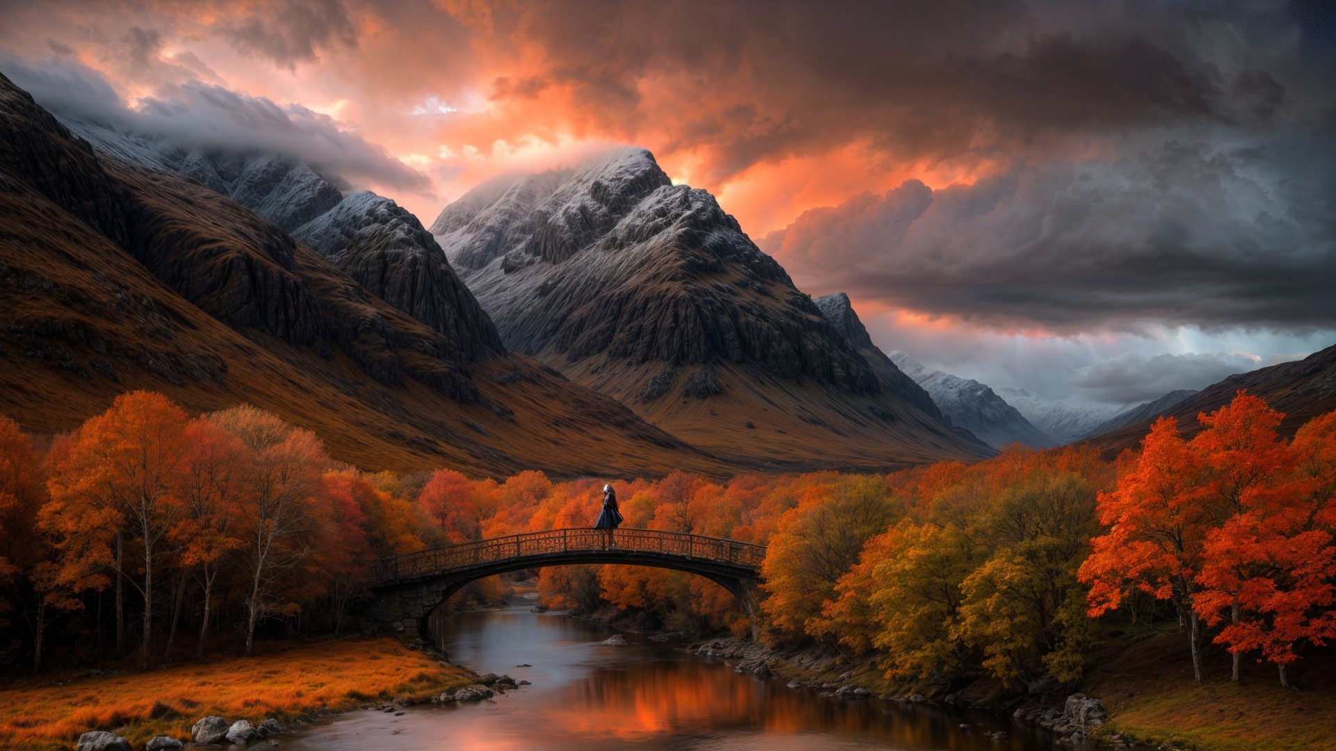 Dramatic Sunset Over Mountains and Tranquil River