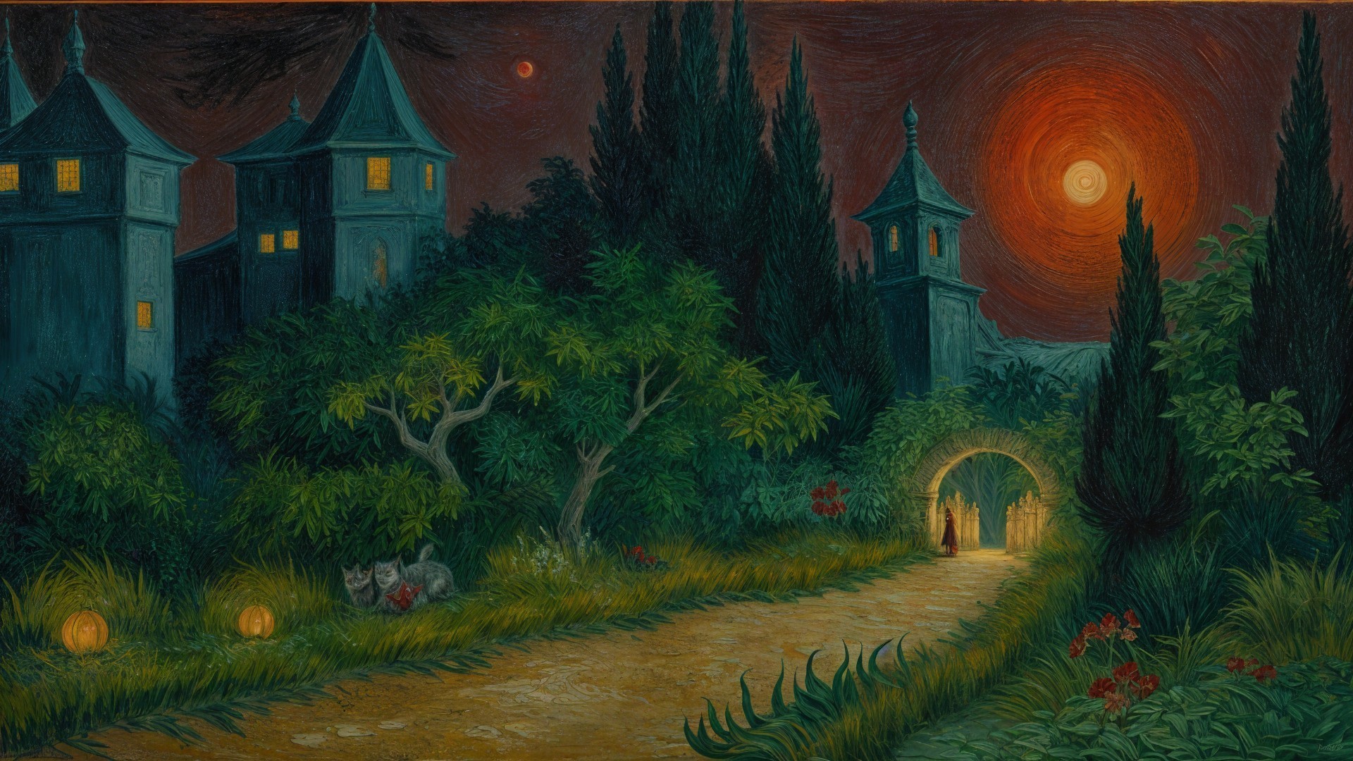 Mystical Twilight Scene with Silhouetted Towers and Cats