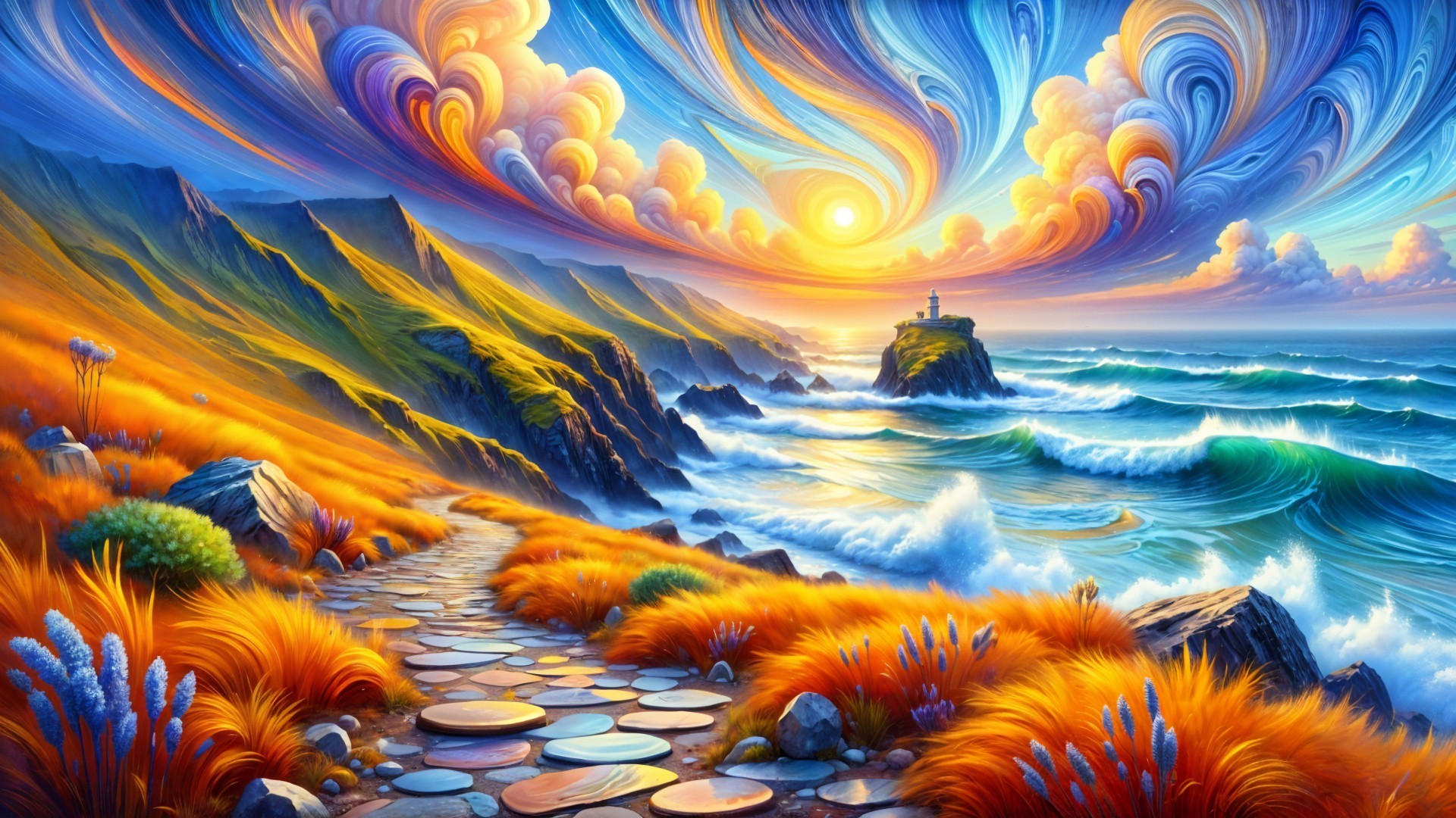 Vibrant Landscape with Hills, Coastline, and Sunset