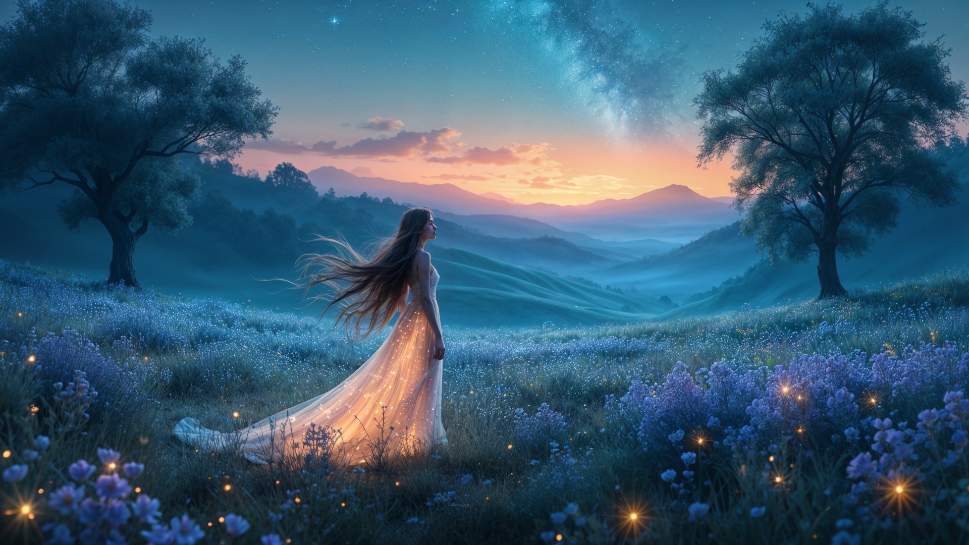 Twilight Landscape with Woman and Vibrant Wildflowers