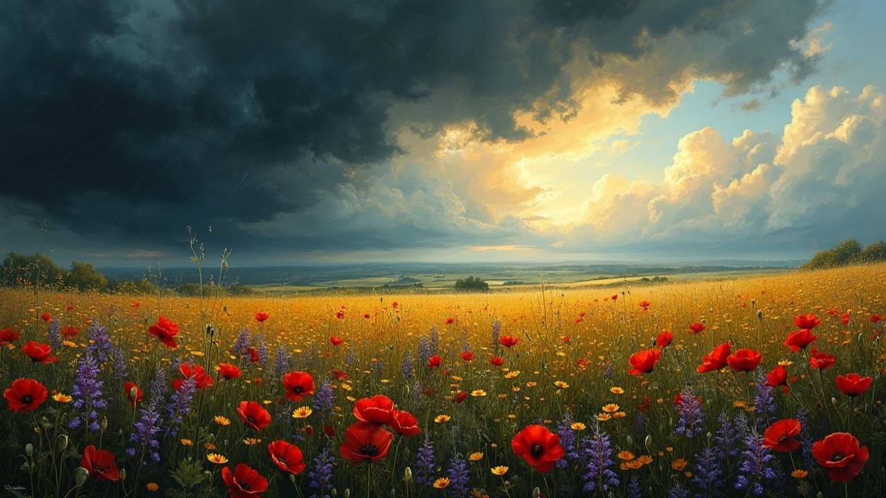 Vibrant Landscape of Poppies and Wildflowers Under Stormy Sky