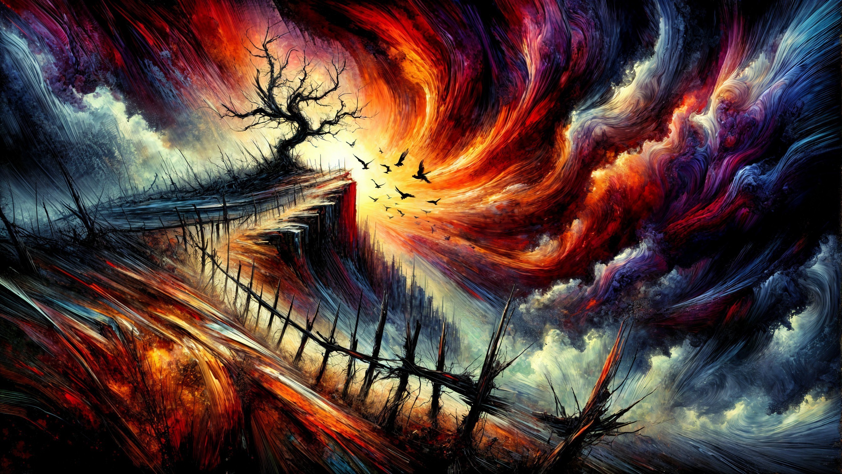 Dramatic Landscape with Twisted Tree and Cosmic Sky