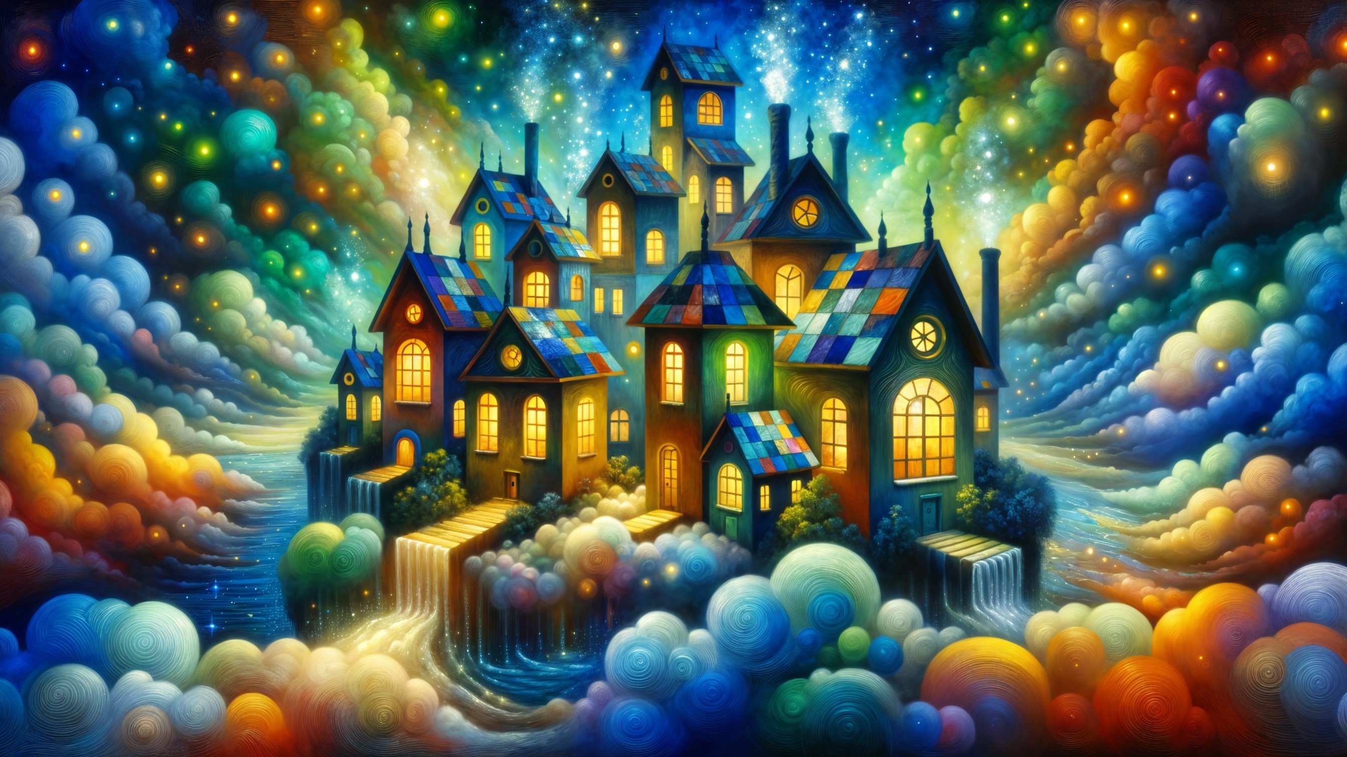 Whimsical Scene of Colorful Houses and Starry Sky